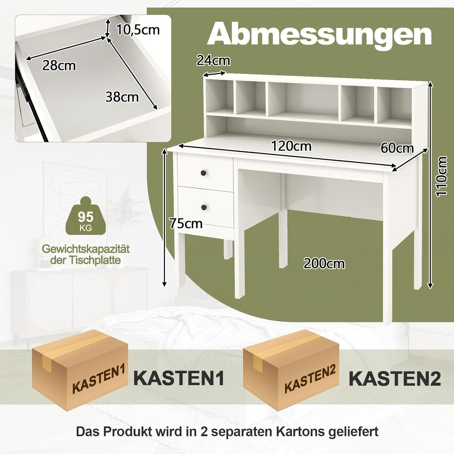 KOMFOTTEU Computertisch, Arbeitstisch mit Schubladen und 5 Fächern