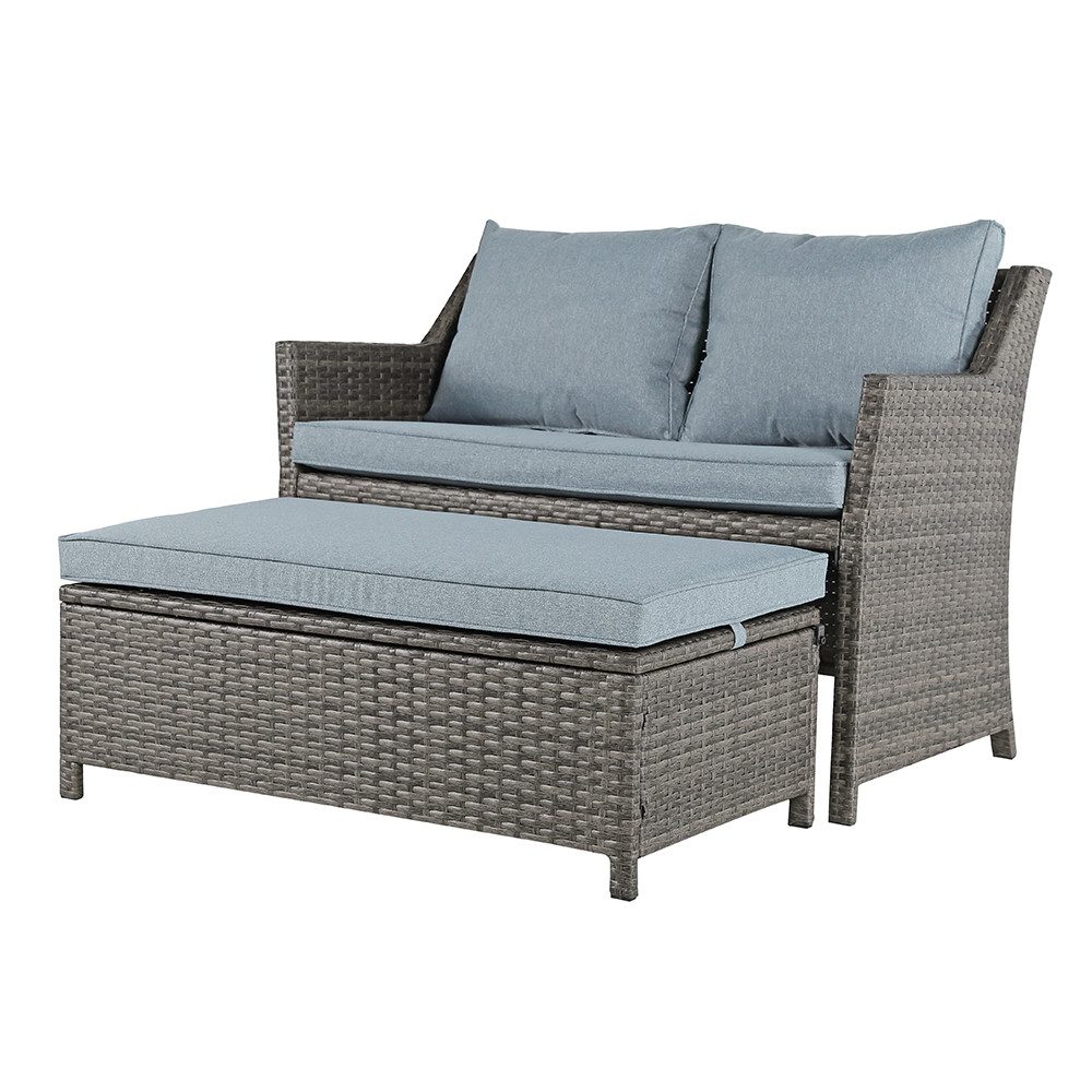 Sunsitt Gartenbank 2-tlg Outdoor Rattan Gartenbank (Terrasse Loveseat mit Couchtisch, mit integriertem Staufach), grauem Rattan und grauen Kissen
