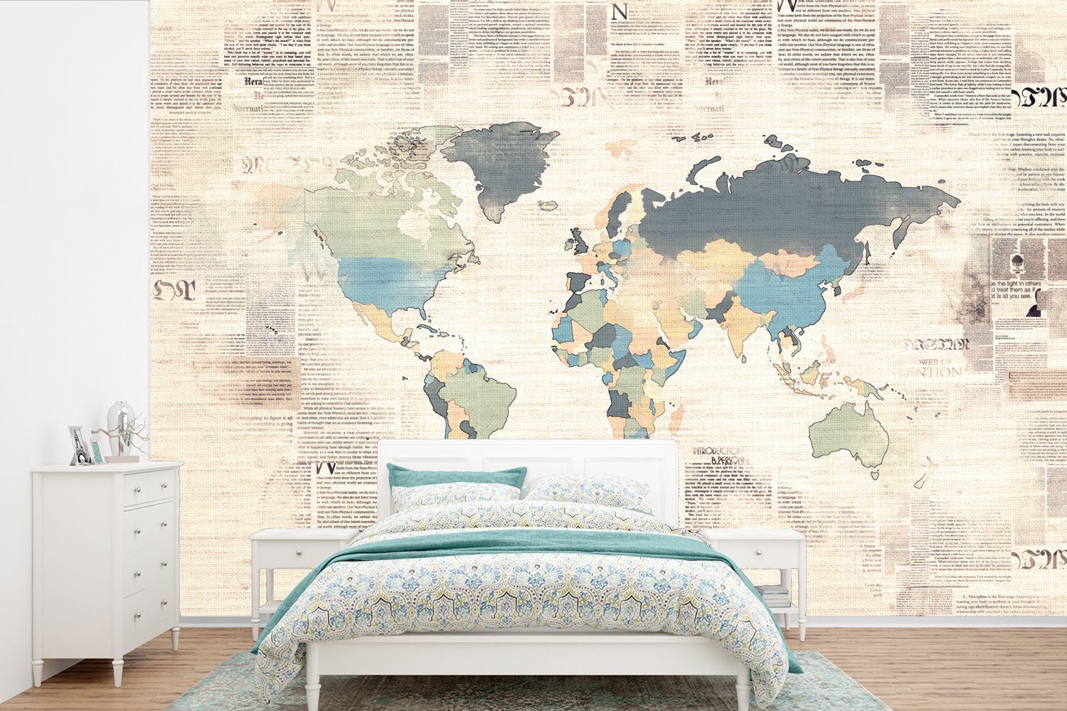 bedruckt, Schlafzimmer, Wallpaper Pastell, Vinyl (6 Wohnzimmer, für Weltkarte Tapete - Matt, Kinderzimmer, St), Vintage - MuchoWow Fototapete