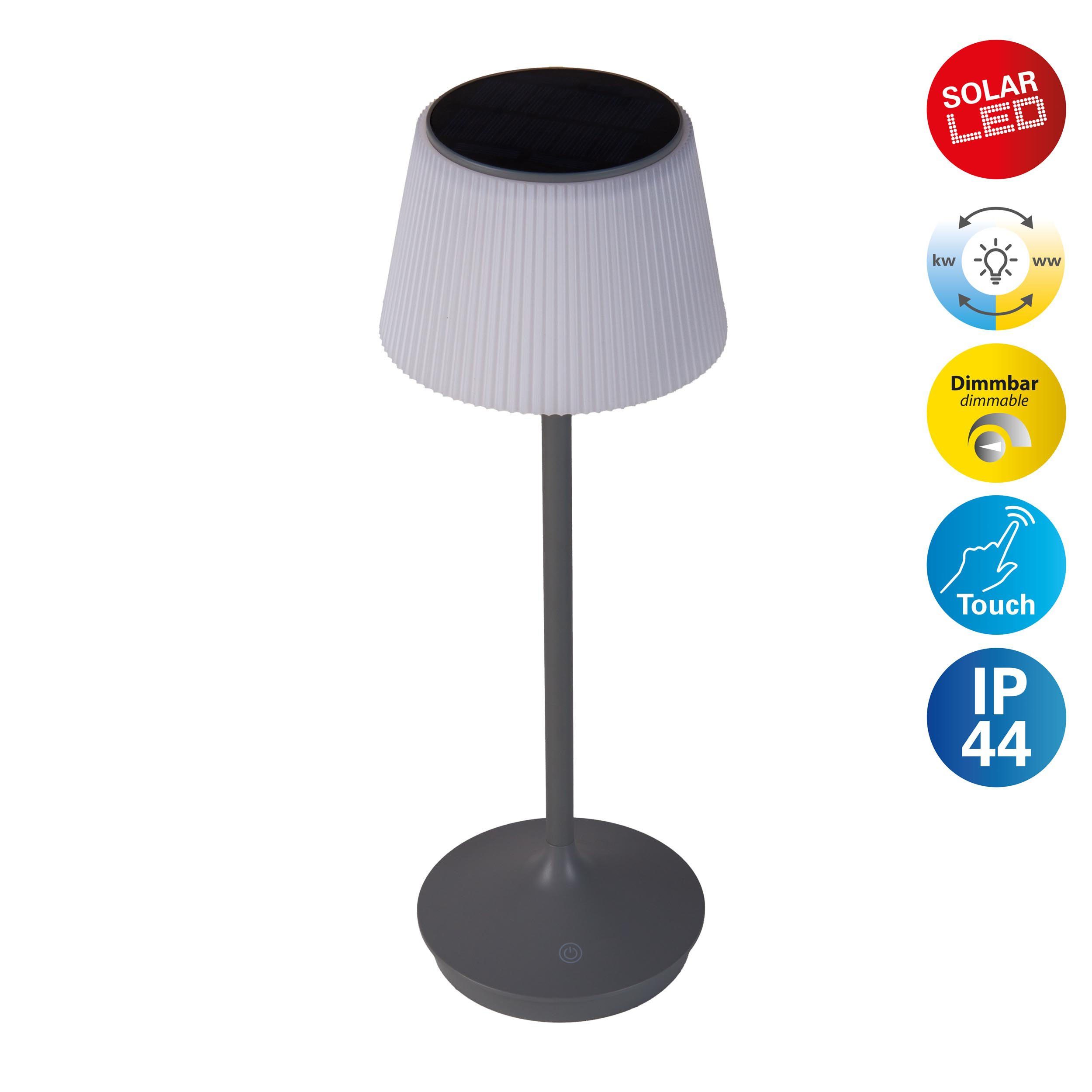 näve LED Tischleuchte Solarleuchte / Akkuleuchte "EMMI", Dimmer, Dimmfunktion, Ein-/Ausschalter, Farbsteuerung, USB-Ladefunktion, mehrere Helligkeitsstufen, LED fest integriert, Neutralweiß, Kaltweiß, Warmweiß, Solarbetrieb, Akkubetrieb, CCT, Berührungsse