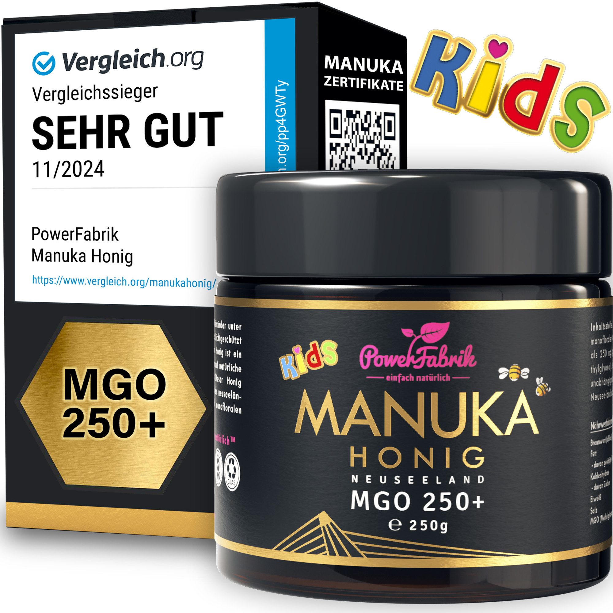 PowerFabrik Honig Manuka Honig MGO 250+ Kinder, Original aus Neuseeland, im Glas, 250g, 1 x