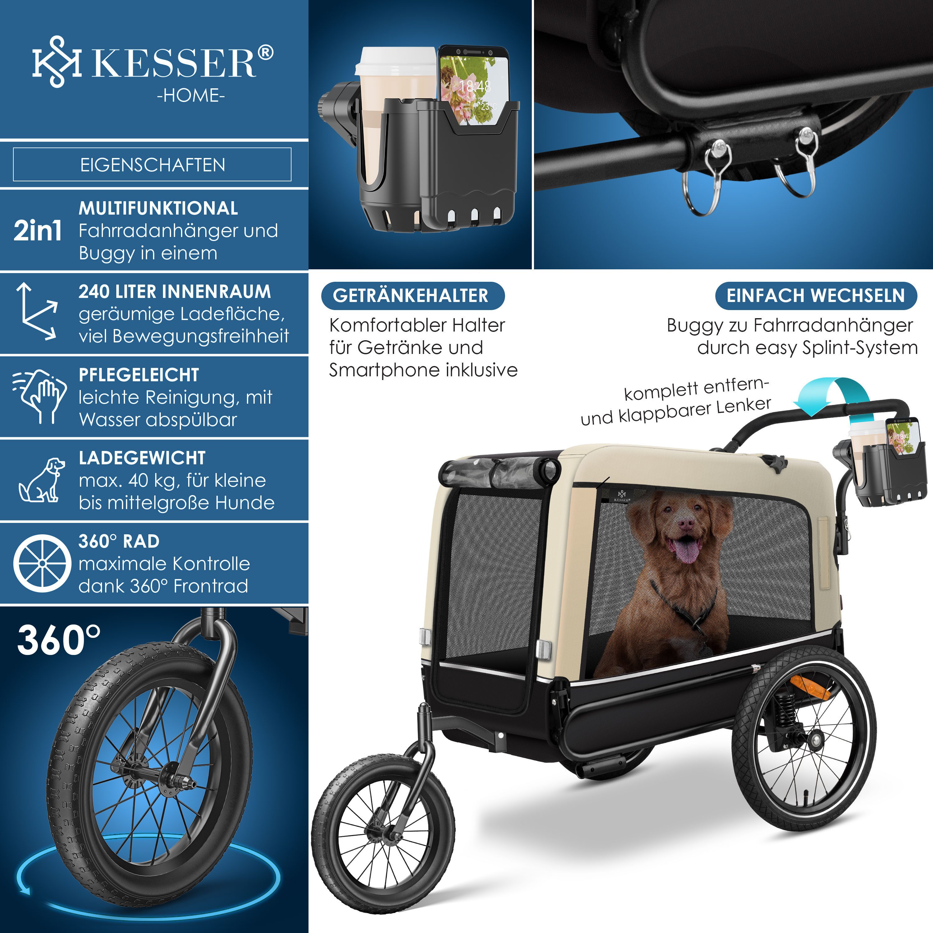 KESSER Fahrradhundeanhänger, Hundeanhänger Boxer 3-in-1 Hundebuggy Jogger Fahrradanhänger – Bild 2 von 5