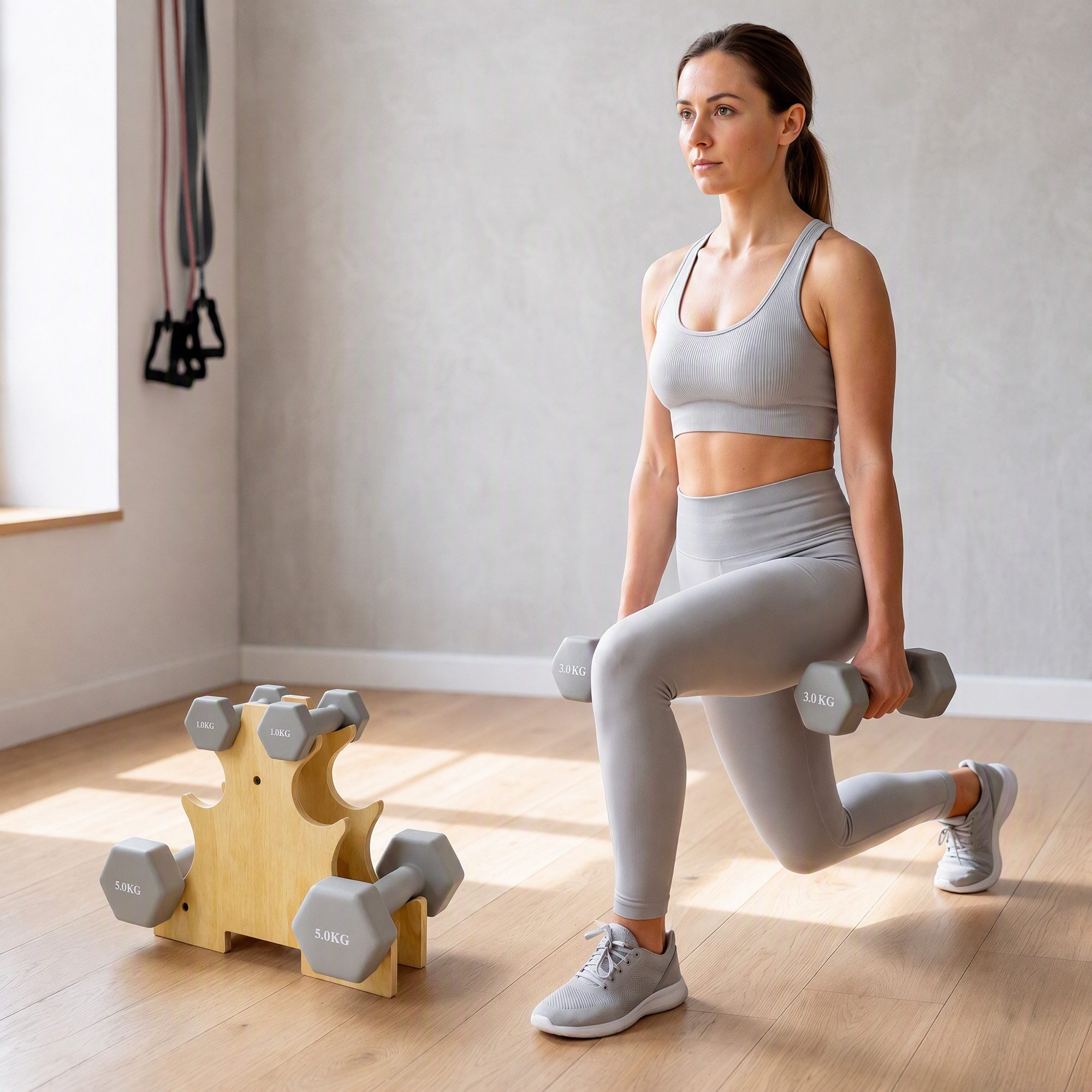 SPORTNOW Hantel-Set Hanteln Set 3 Paar 1kg 3kg 5kg Kurzhanteln mit Holzständer, (Gusseisen Hexagon Hantelset, Kurzhantel Set), für Krafttraining Fitnessstudio Home-Gym Hellgrau