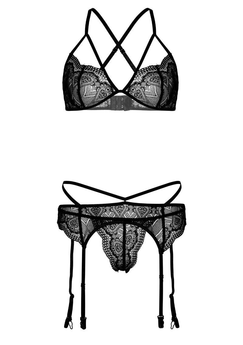 Set: Bügelloser BH 4PC Garter Lingerie Set Black S/M - L/XL