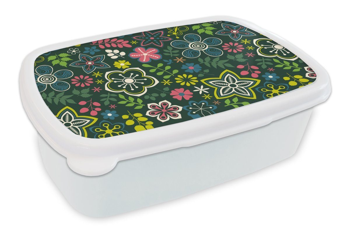 MuchoWow Lunchbox Blätter - Muster - Blumen, Kunststoff, (2-tlg), Brotbox für Kinder und Erwachsene, Brotdose, für Jungs und Mädchen weiß