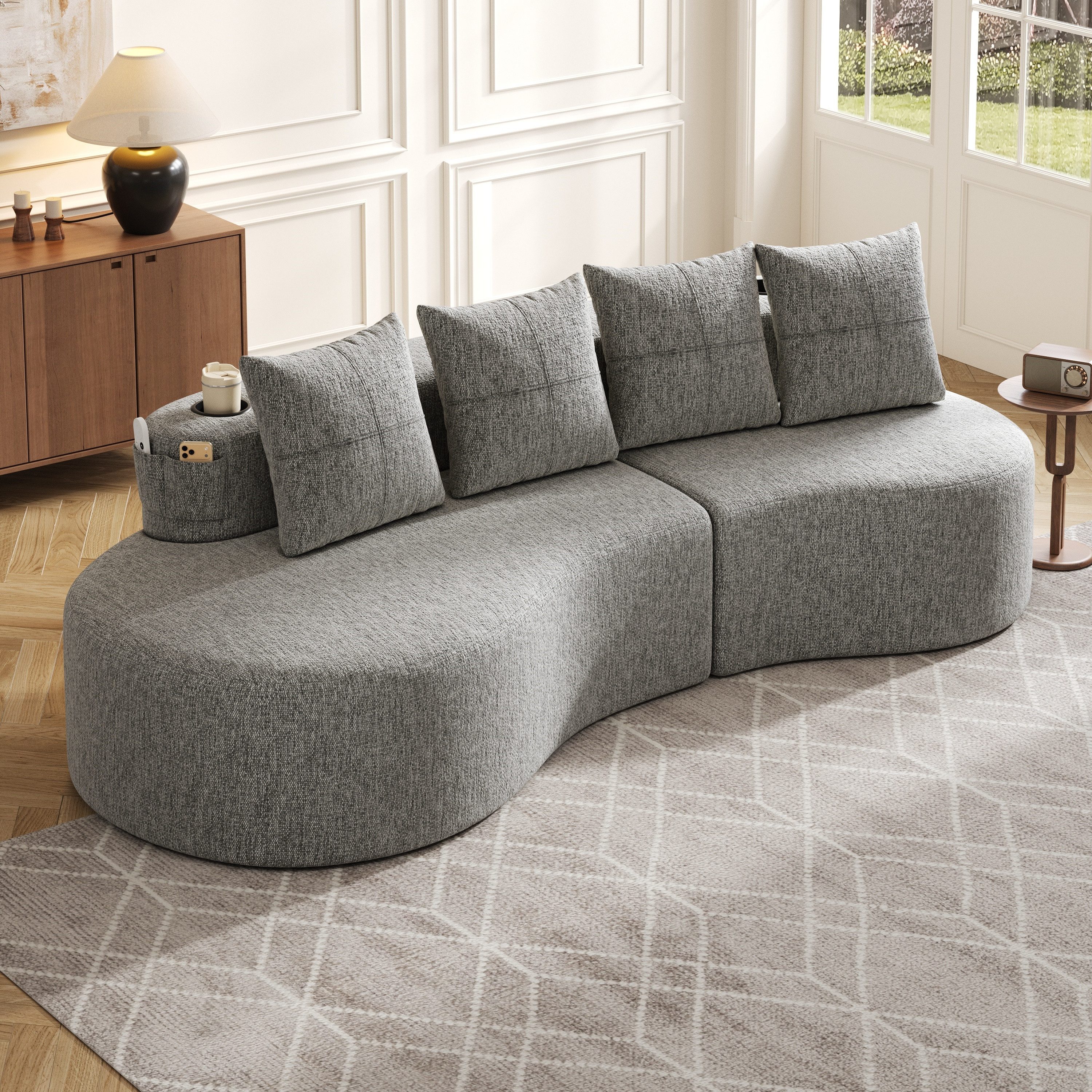 HAUSS SPOLE Loungesofa aus Leinenstoff,Chaiselongue mit vier Kissen,Polstermöbel in Hellgrau