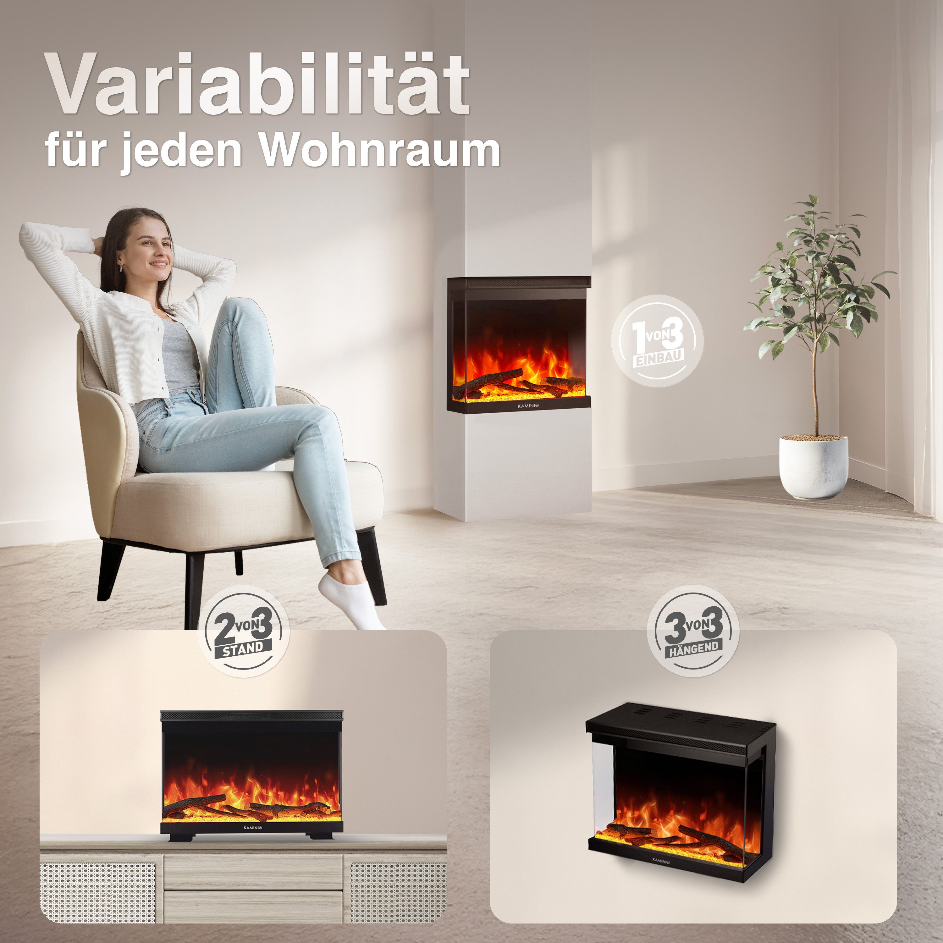 KAMINIO Elektrokamin LEA, 3in1 Kamin: Elektrischer Stand-, Wand- und Einbau günstig online kaufen