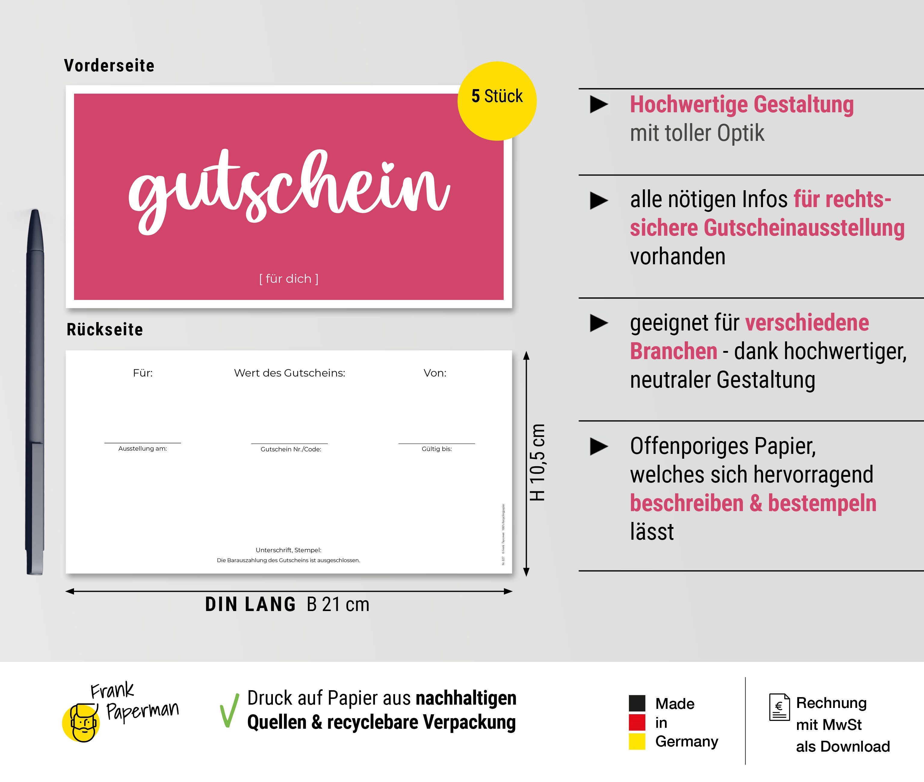Frank Paperman Geschenkkarte, Gutschein für Kunden, Magenta, zum selbst Ausfüllen, Gutscheinkarten, Geschenkgutschein Nagelstudio, Friseur, Kosmetik