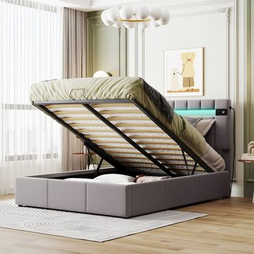 WISHDOR Polsterbett Doppelbett Stauraumbett Bett mit Lattenrost (140x200cm Grau ohne Matratze), mit LED-Lichtleiste, Bluetooth-Player und USB-Aufladung