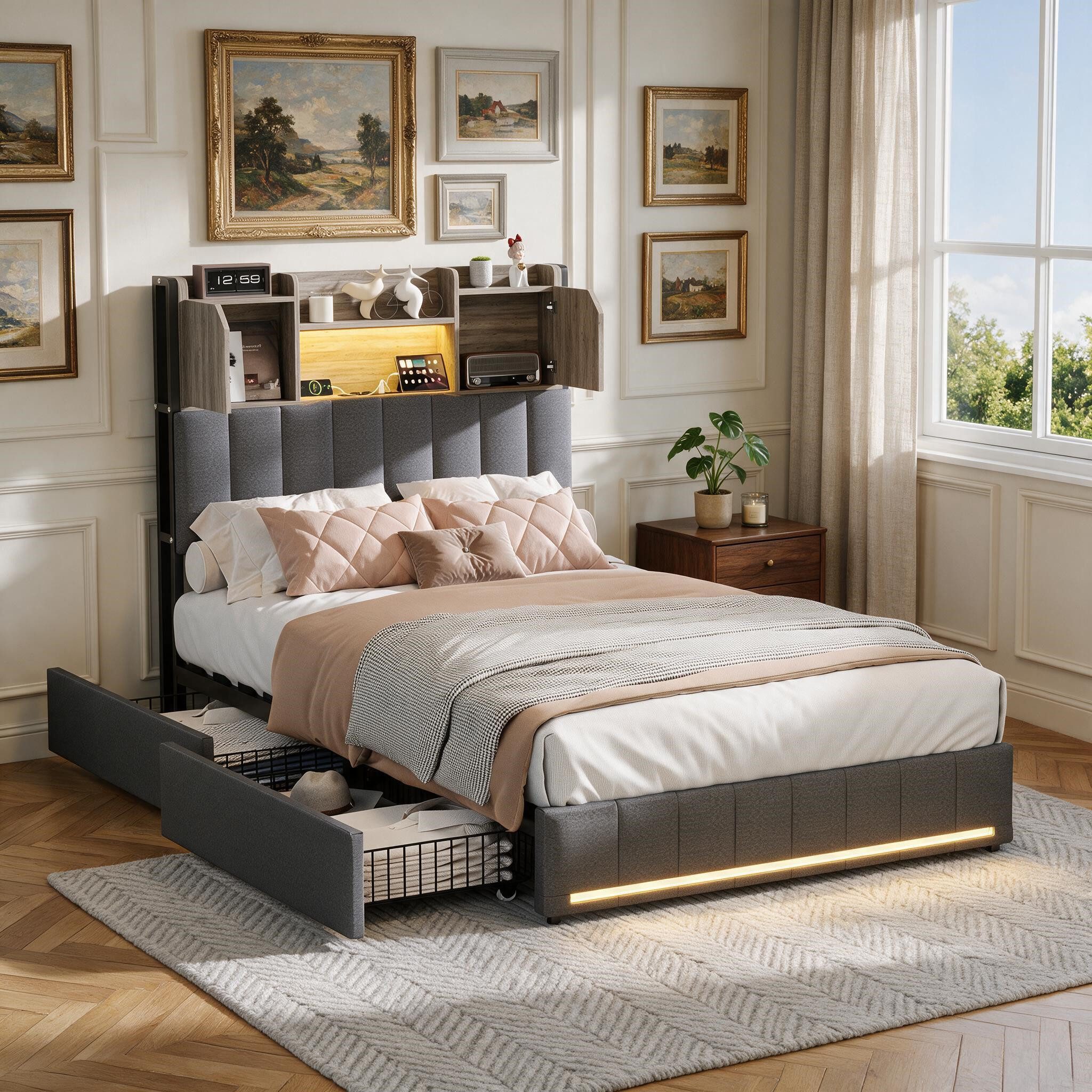 Simurq Einzelbett Polster‑Einzelbett 90x200 Jugendbett mit 2 Schubladen, LED,USB, Leinen