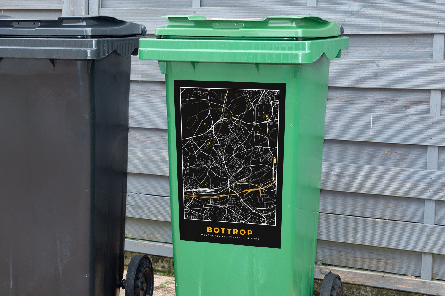 St), - Sticker, Gold Wandsticker Bottrop MuchoWow und Schwarz Mülltonne, Deutschland Mülleimer-aufkleber, (1 Abfalbehälter - Stadtplan Gold Karte - Container, - -