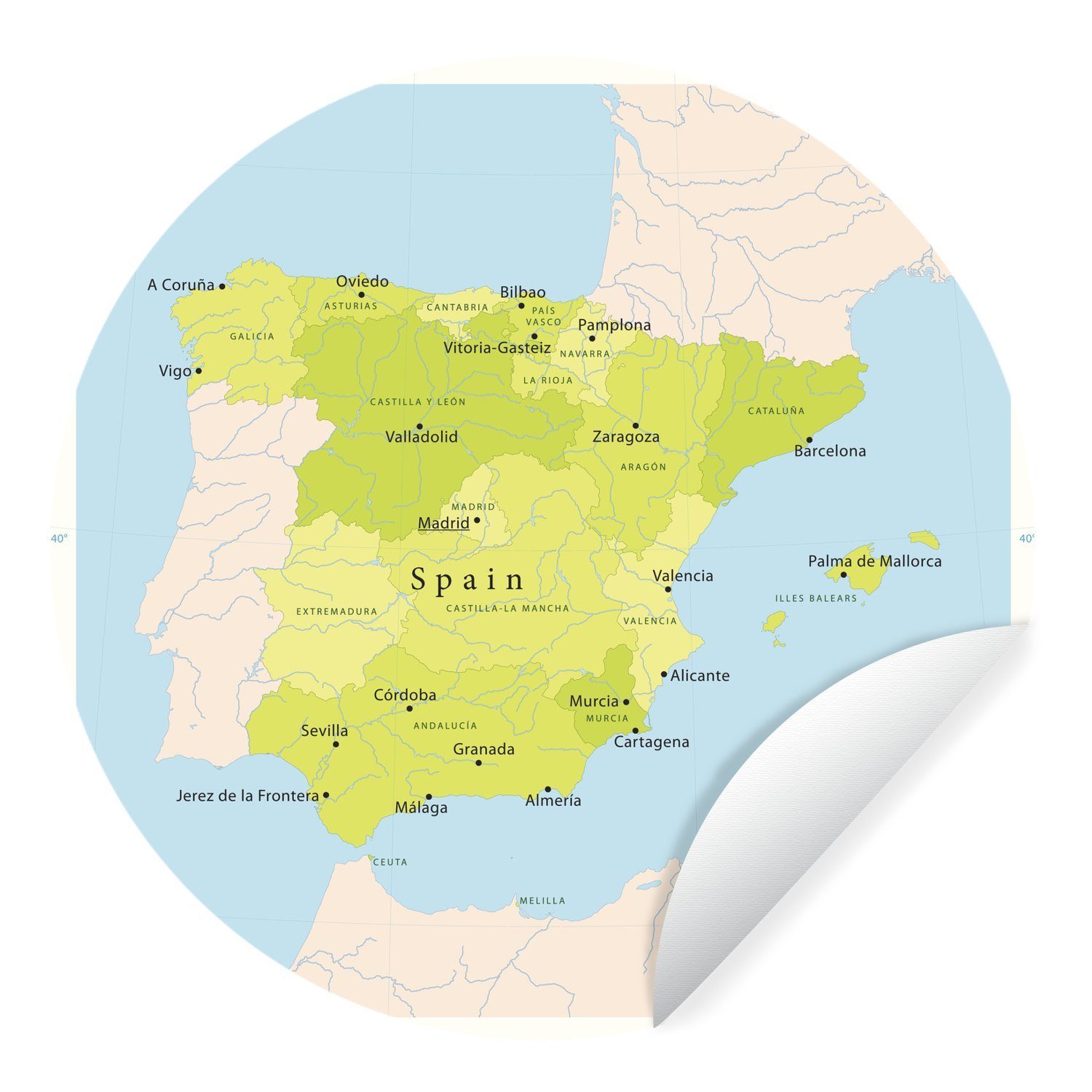 MuchoWow Wandsticker Illustration einer Karte mit Spanien in grün (1 St), Tapetenkreis für Kinderzimmer, Tapetenaufkleber, Rund, Wohnzimmer
