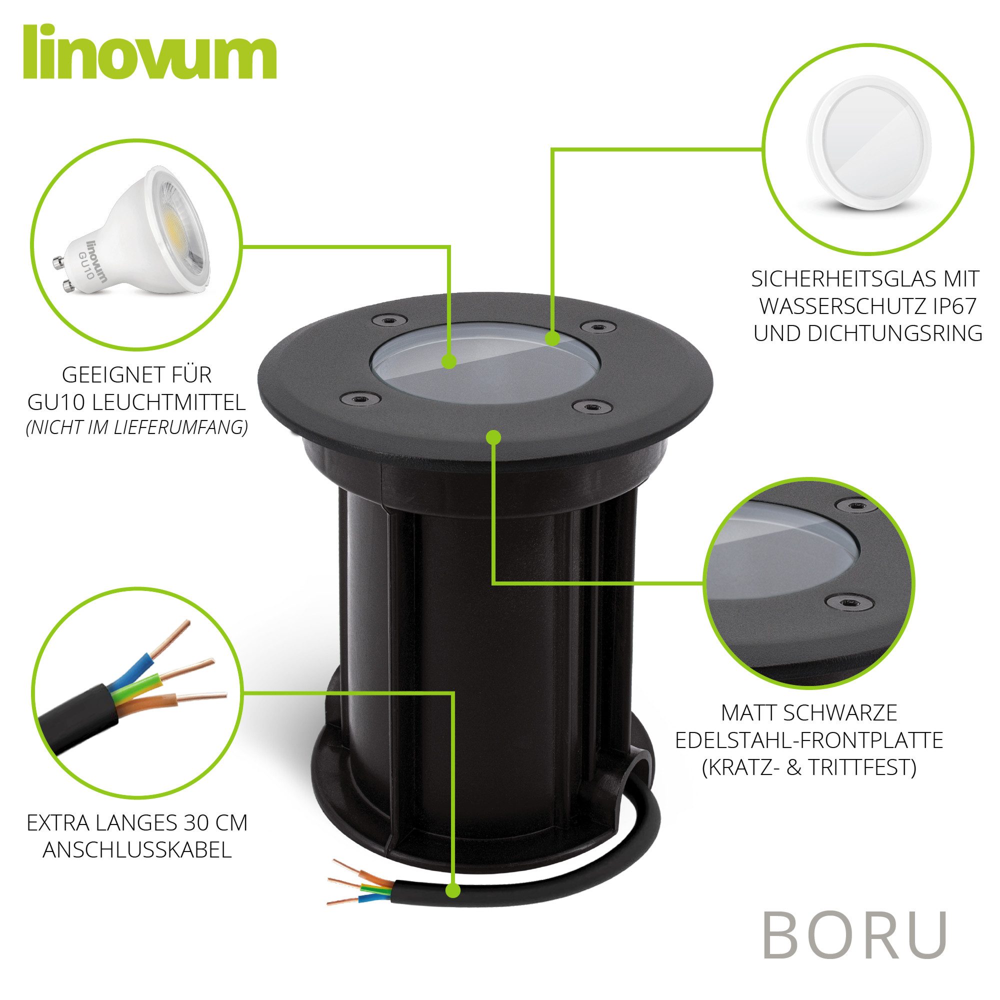 linovum LED Gartenstrahler 4x BORU Bodenleuchten schwarz IP67 Außenlampe Bodenstrahler Gartenspot
