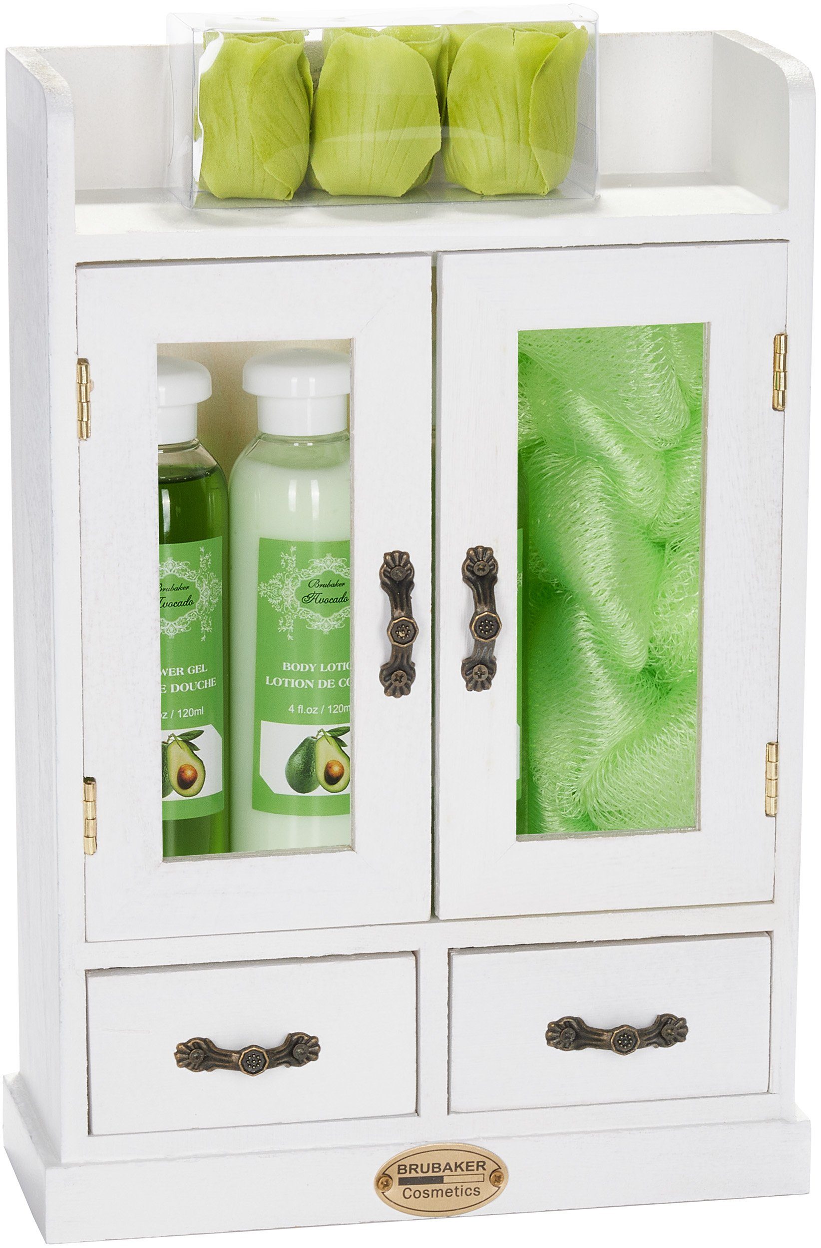 BRUBAKER Hautreinigungs-Set Bade- und Dusch Set, Badeset mit Avocado Duft, Pflegeset, 10-tlg., Damen Geschenkset im Vintage-Schränkchen, reinigend und pflegend