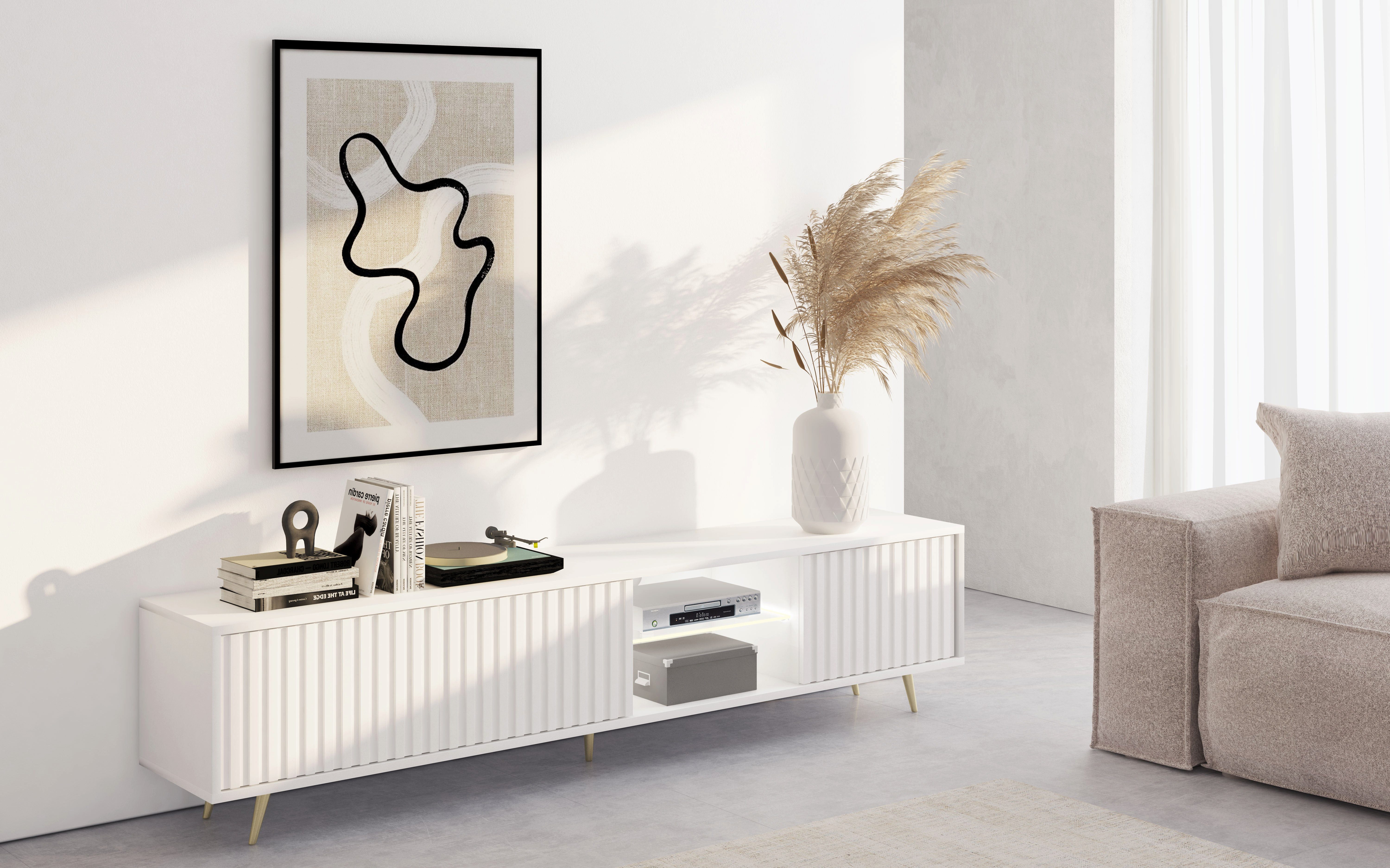 Selsey TV-Schrank BELLO mit goldenen Füßen, Lamellenfronten und LED, 175 cm