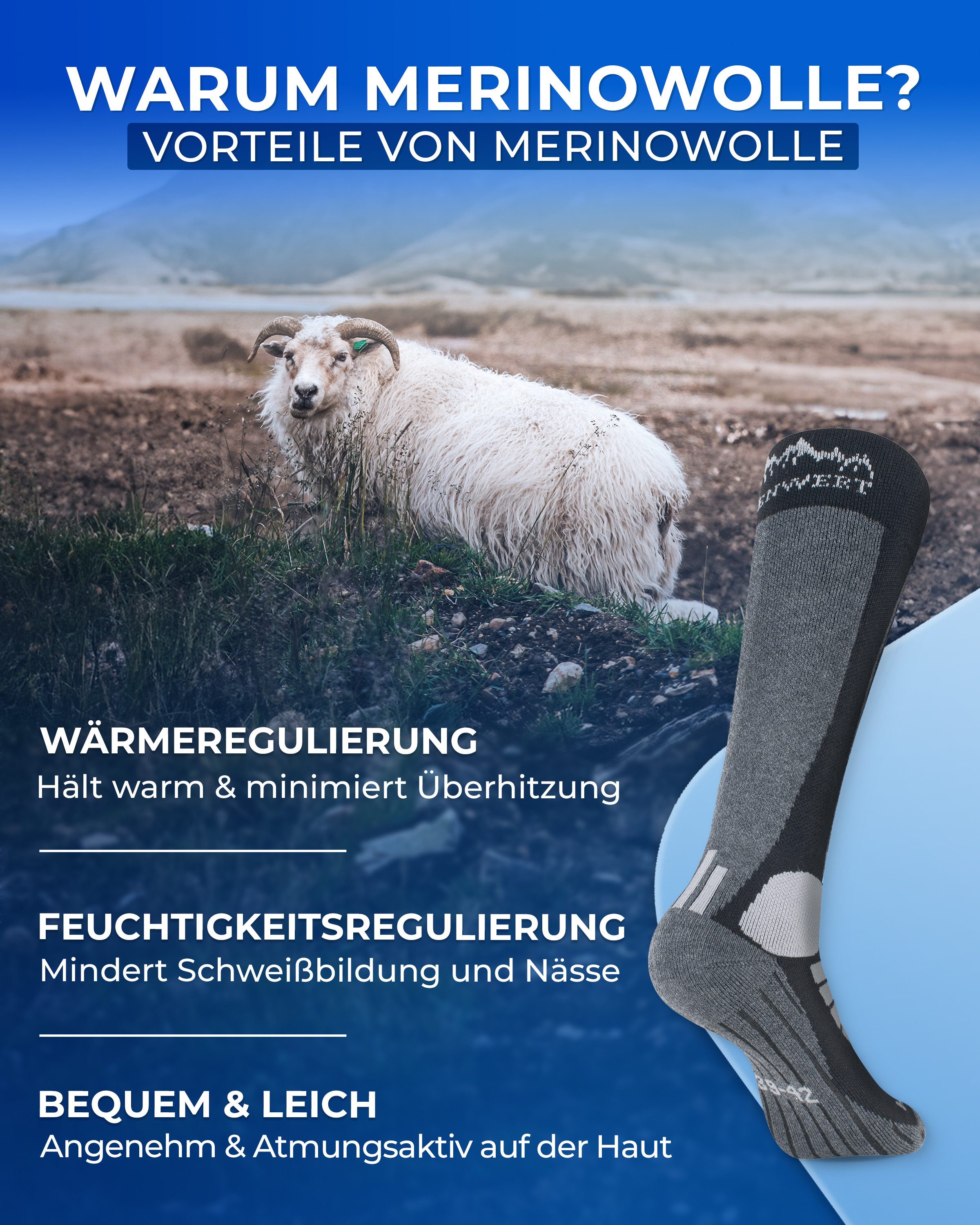 Alpenwert Skisocken 2er SET Snowboard Socken aus echter Merinowolle Herren & Damen (2 Paar, 4 Skisocken) Meinowolle Ski Socken