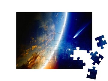 puzzleYOU Puzzle Komet nähert sich dem leuchtenden Planeten Erde, 48 Puzzleteile, puzzleYOU-Kollektionen Weltraum, Universum