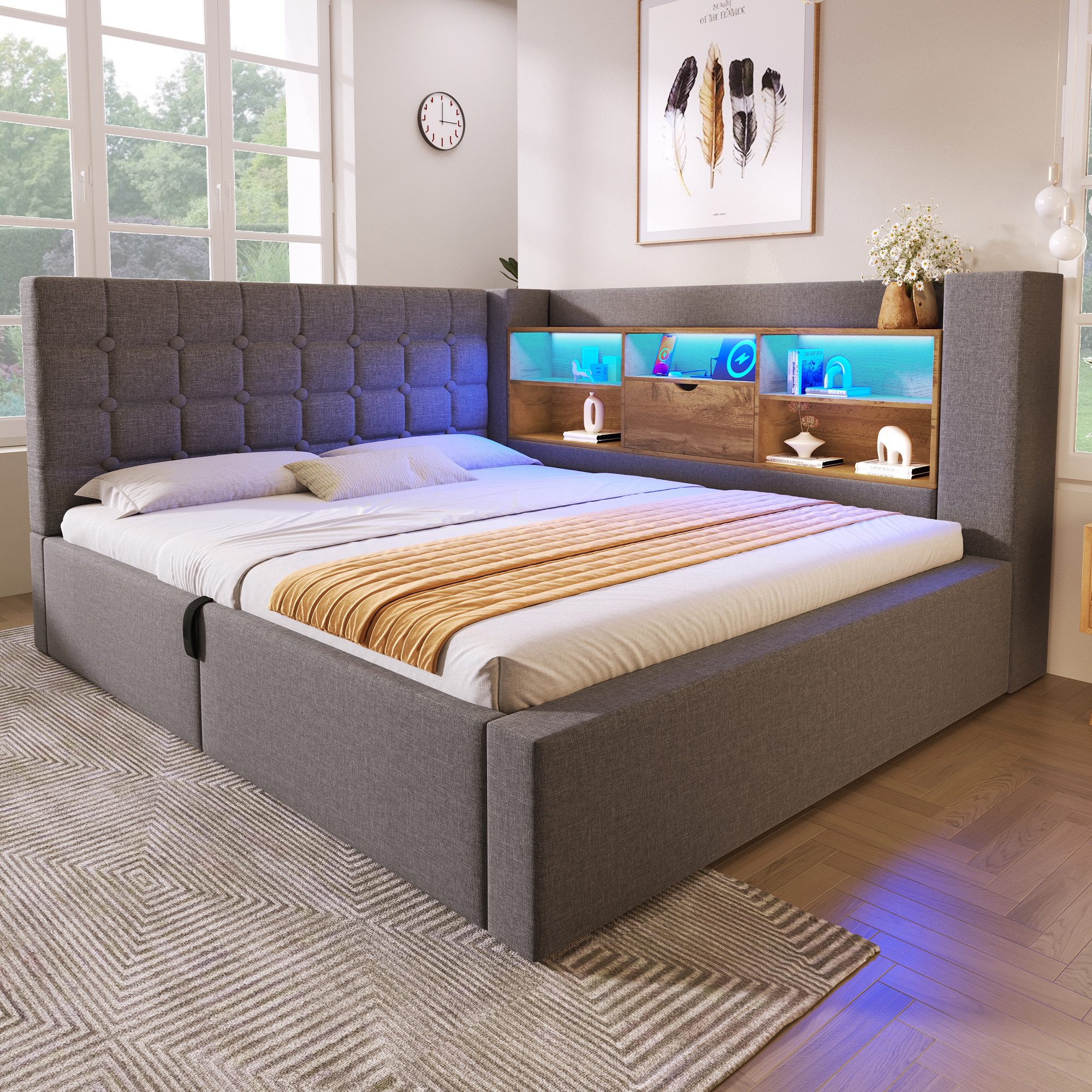 REDOM Polsterbett Polsterbett 140x200 cm mit LED-Beleuchtung und hydraulisc günstig online kaufen