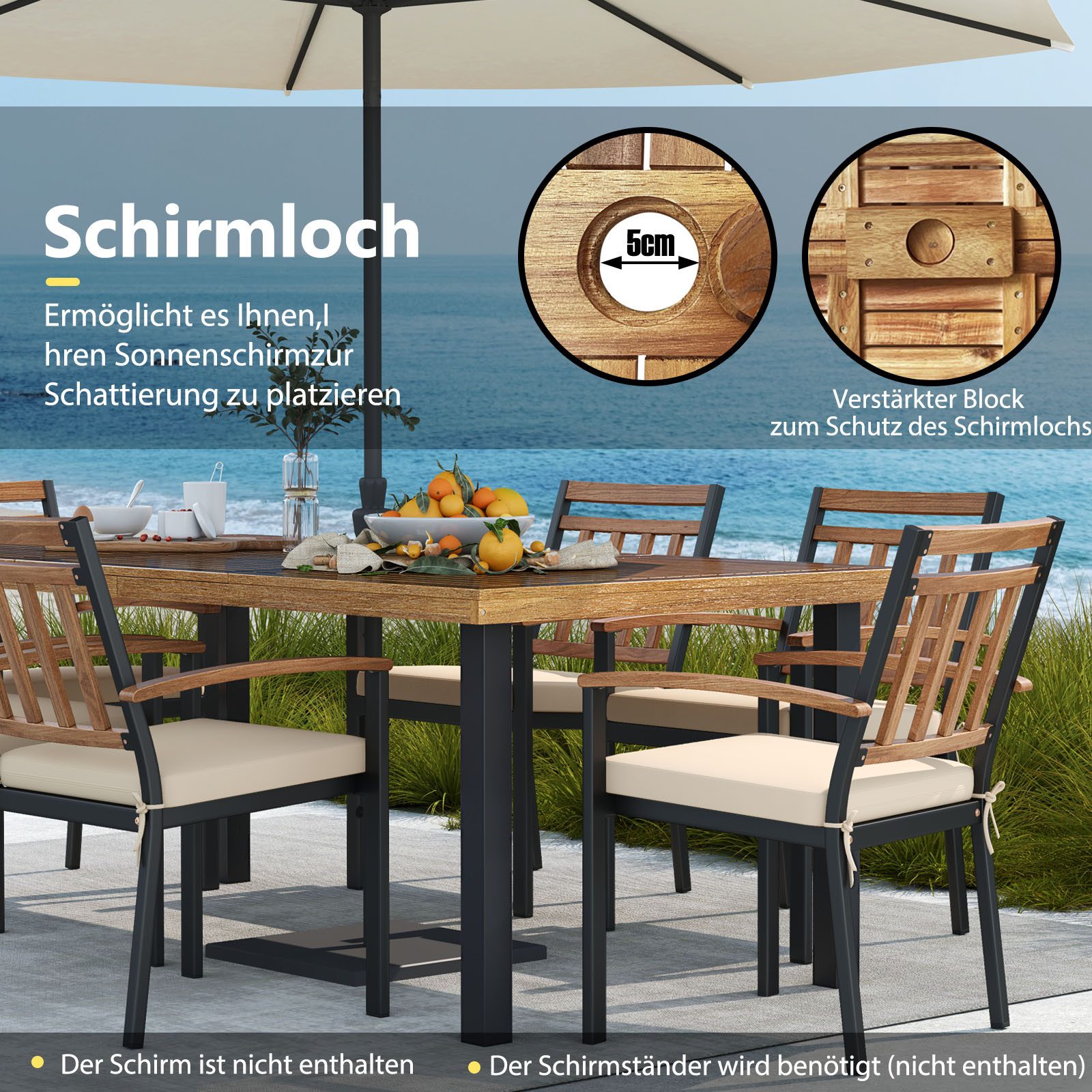 COSTWAY Gartentisch mit 5cm Schirmloch, rechteckig 200cm, Akazie, Esstisch für 8 Personen