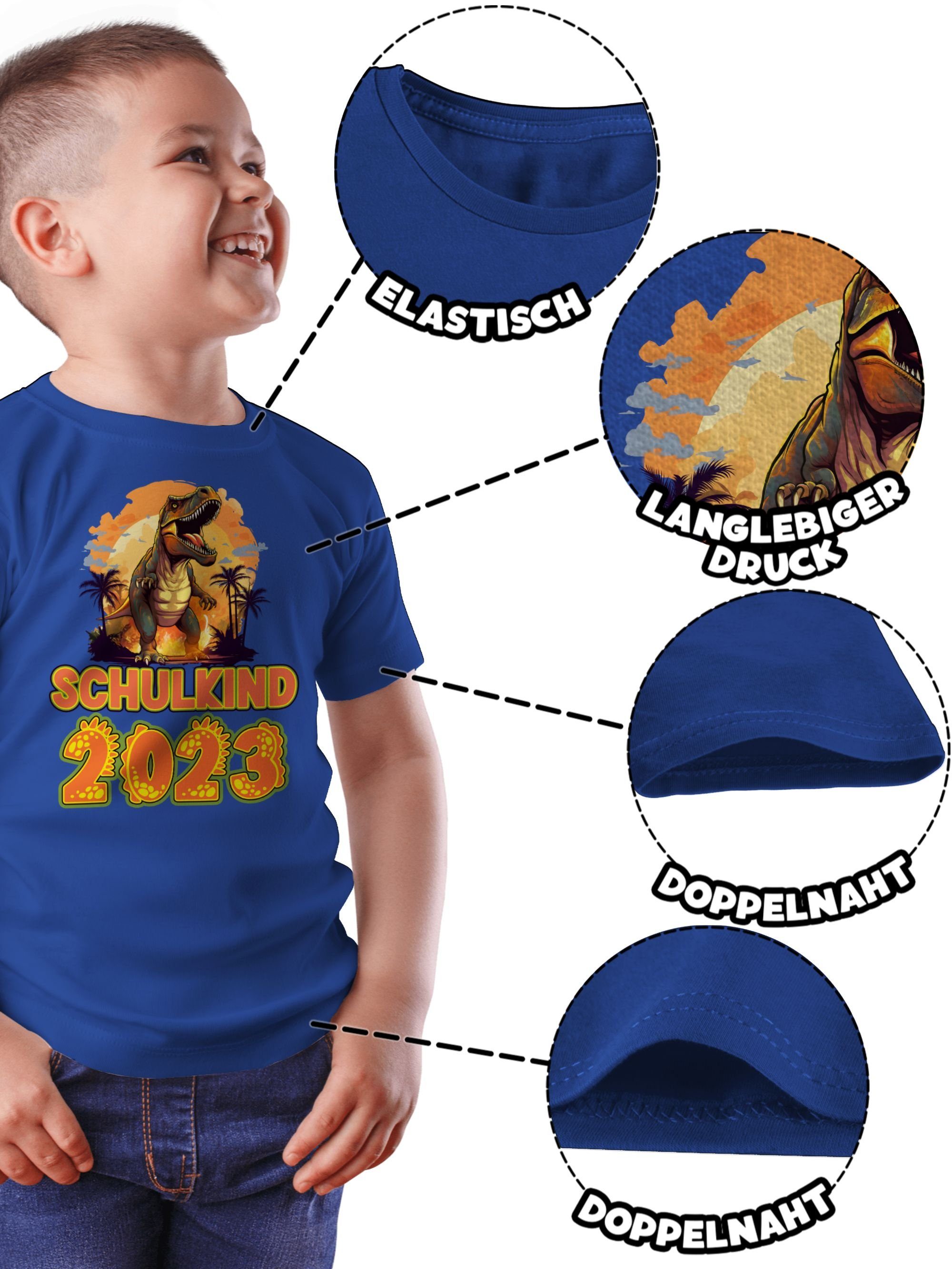 Shirtracer T-Shirt Schulkind 2023 Dinosaurier Dino 2 Einschulung Schulanfang Geschenke Junge Royalblau Saurier