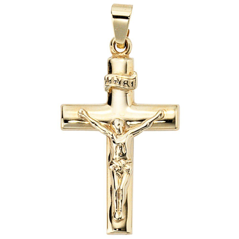 Schmuck Krone Kettenanhänger Anhänger Kreuz glänzend Unisex, Jesus 333 Gelbgold 333 Jesuskreuz Gold Gold