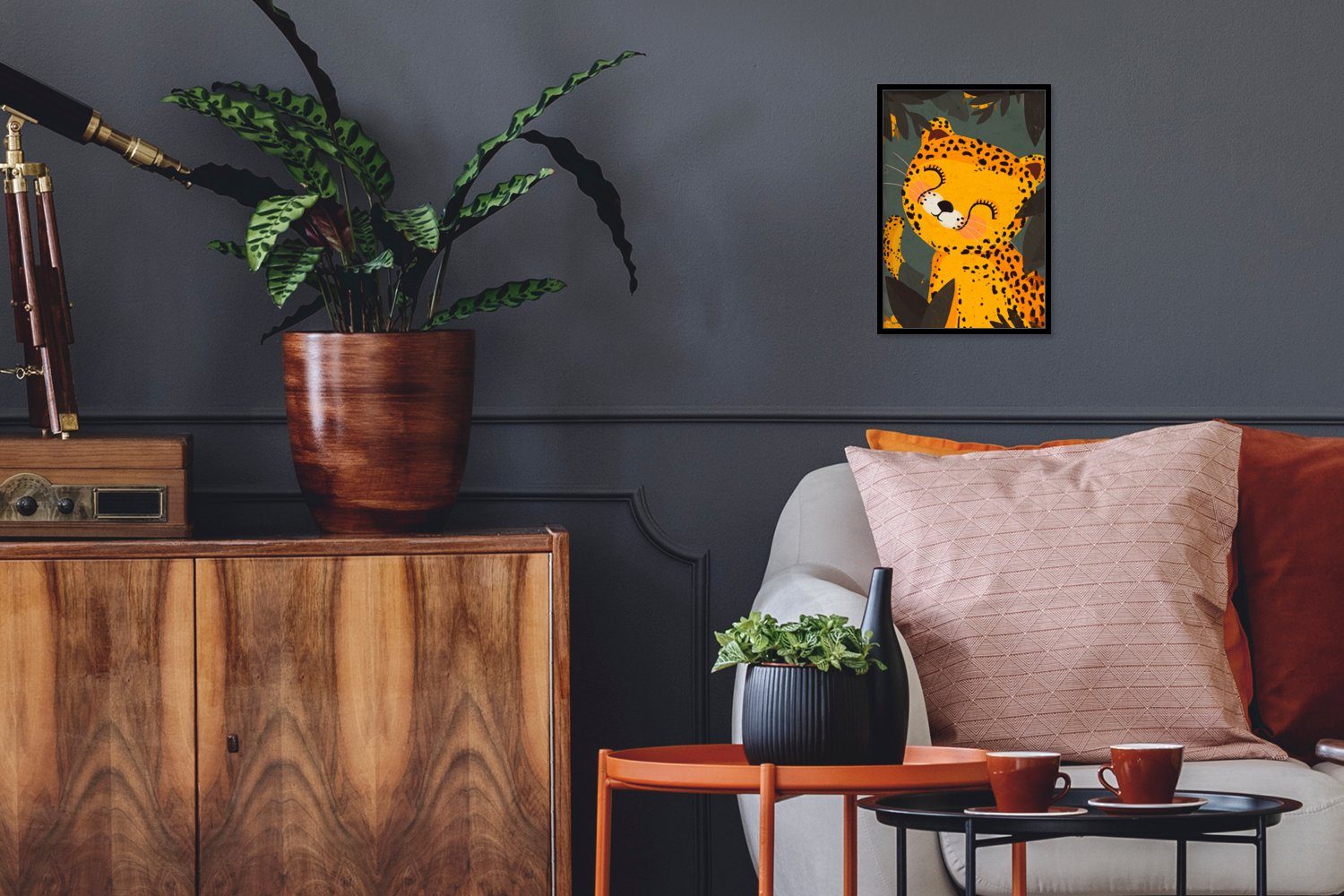 MuchoWow Poster Gepard - Tiere - Dschungel - Kinder, (1 St), Gerahmtes Poster, Wanddeko, Bilder, Wandposter, Schwarzem Bilderrahmen