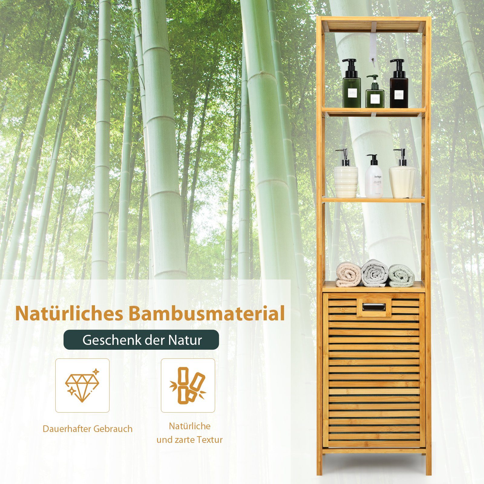 COSTWAY Badezimmerschrank, Regalen, 40x33x160cm 3 aus Wäschekorb Bambus mit