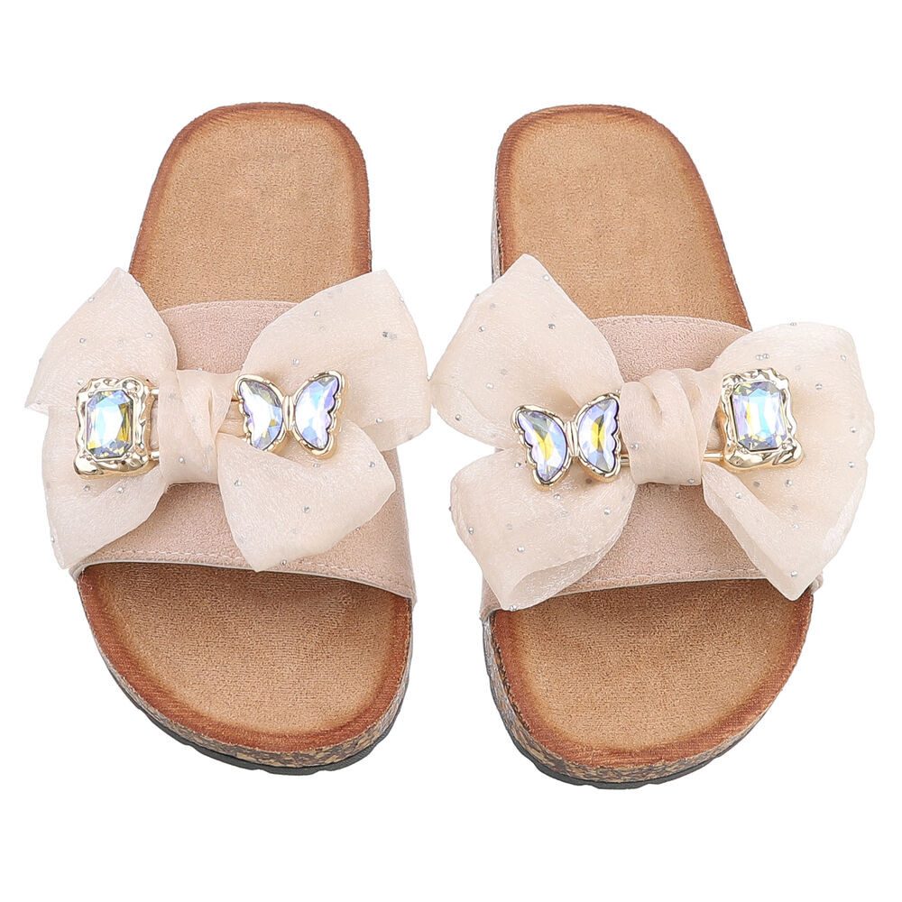 Ital-Design Elegante Damen-Sandalen mit Schleife und Glitzer-Details Pantolette (89542444) Flach Pantoletten in Beige – Bild 4 von 5