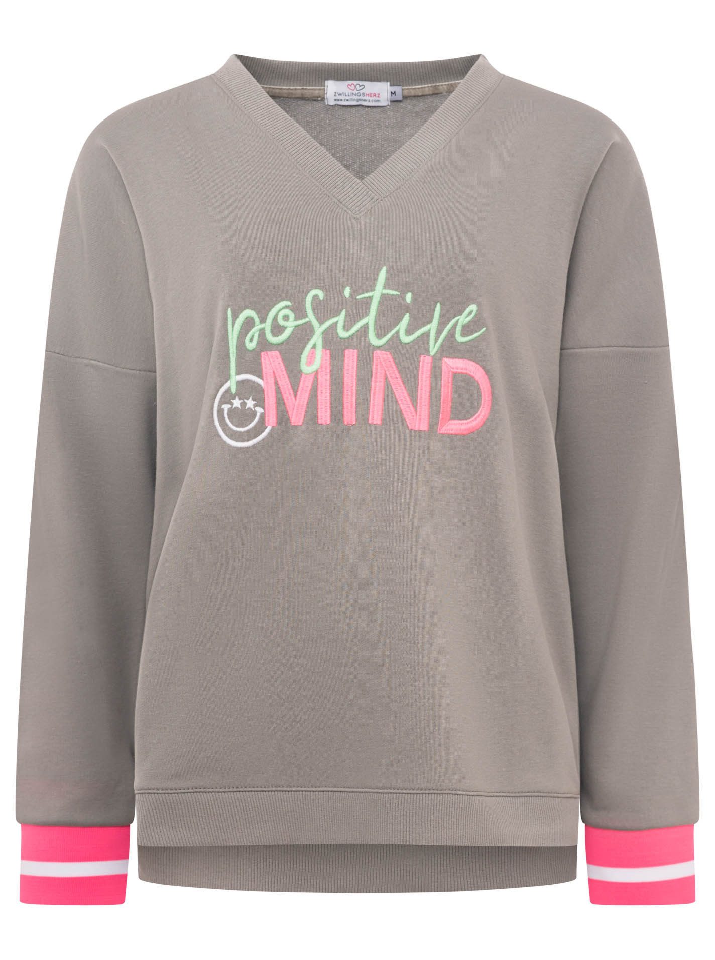 Zwillingsherz Hoodie "Positive Mind" neonfarbenen Bündchen, V-Ausschnitt, Seitenschlitze, Langarm