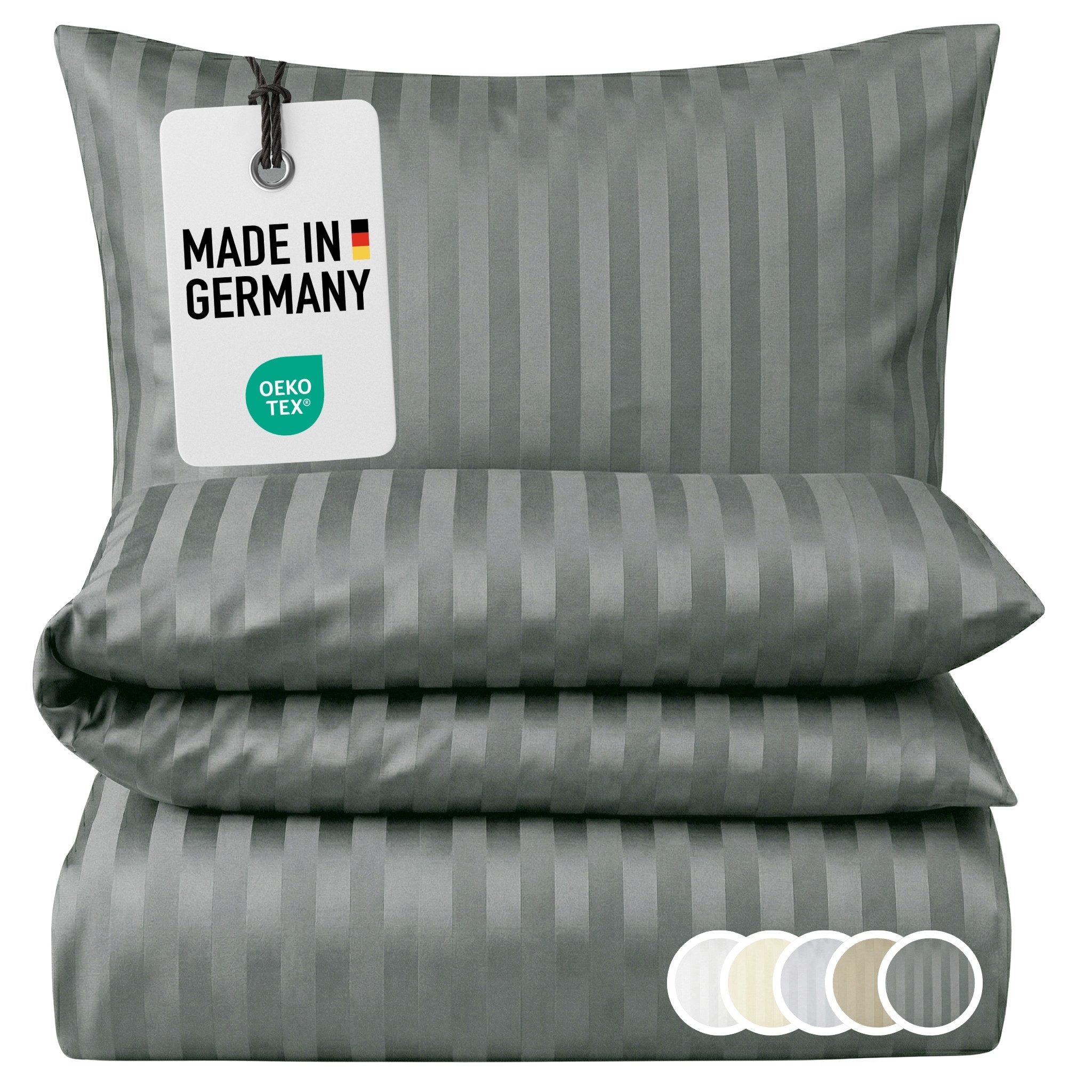 Carpe Sonno Bettwäsche Damast 135x200 155x220 Hochwertige Hotel Baumwoll Bettwäsche gestreift, Damast, 2 teilig, Bettwaren Set 135 x 200 Bettbezug mit Reißverschluss - Dunkel Grau