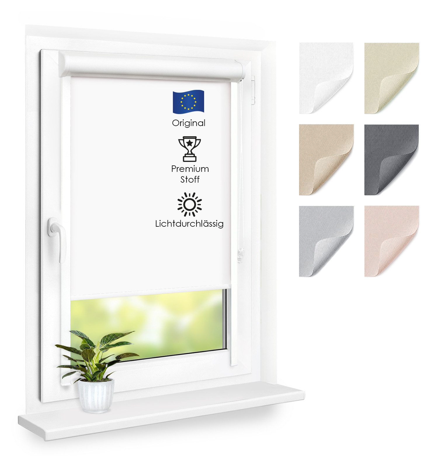 Rollo Premium Kassettenrollo mit Seitenschienen, Fensterrollo, DomDeco, blickdicht, ohne Bohren, durch Kleben oder Schrauben, Lichtdurchlässig, Rollo mit Seitenführung, Seitenzugrollo