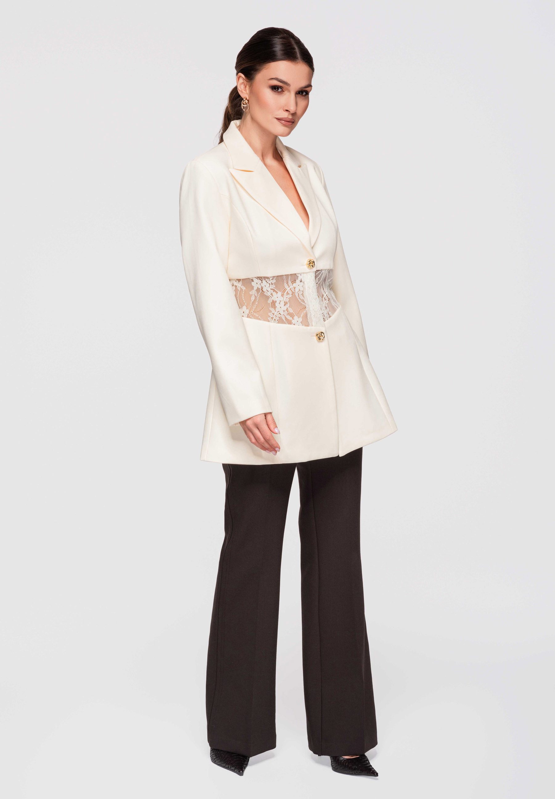 OMBRE Longblazer Damen Blazer Tailliert Spitze Elegant Beige S (kein Set, 1-tlg) Taillierter Schnitt, Koronkowy panel