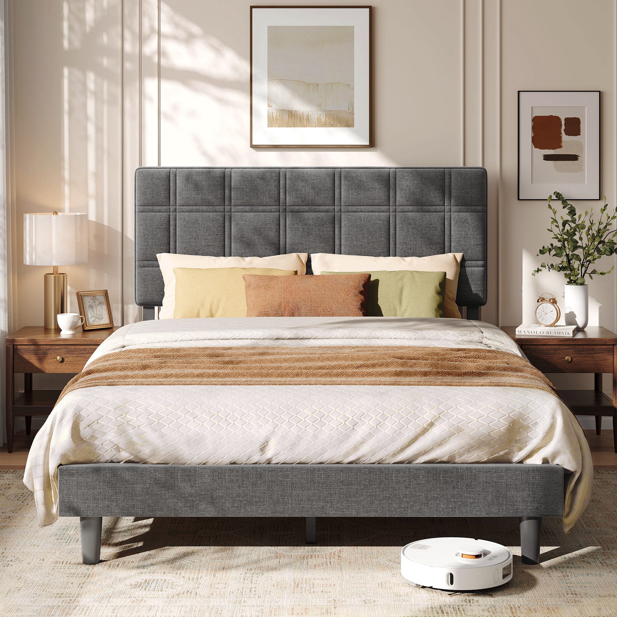 VASAGLE Polsterbett Doppelbett mit Gepolstertem und höheverstellbarem Kopfteil, 140 x 200 cm Grau,Geräuschlos und Einfache Montage für Schlafzimmer