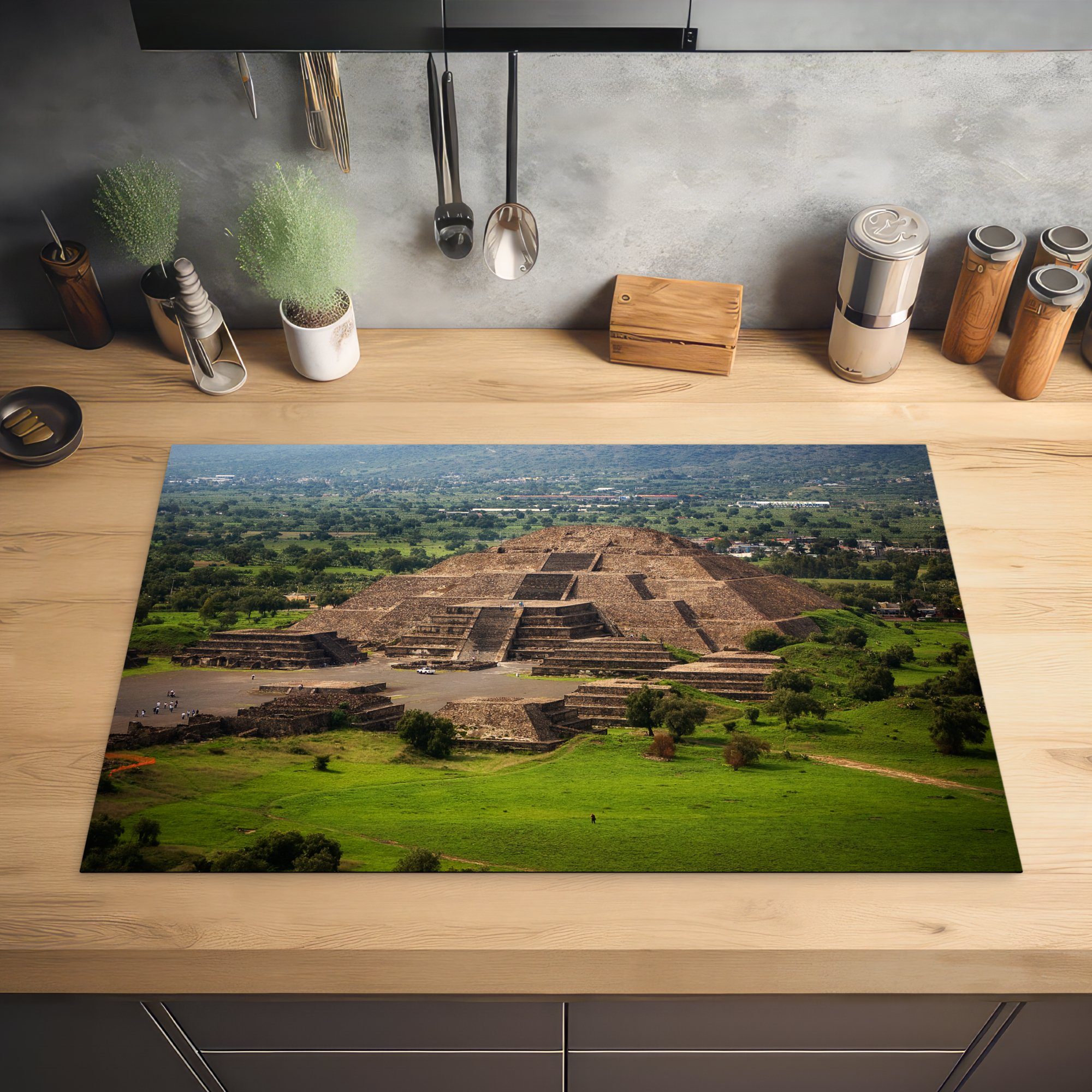 Teotihuacán, küche, Ceranfeldabdeckung MuchoWow Schutz die Induktionskochfeld Mondpyramide der Herdblende-/Abdeckplatte für Mexiko, (1 in cm, Luftaufnahme Vinyl, 81x52 tlg),
