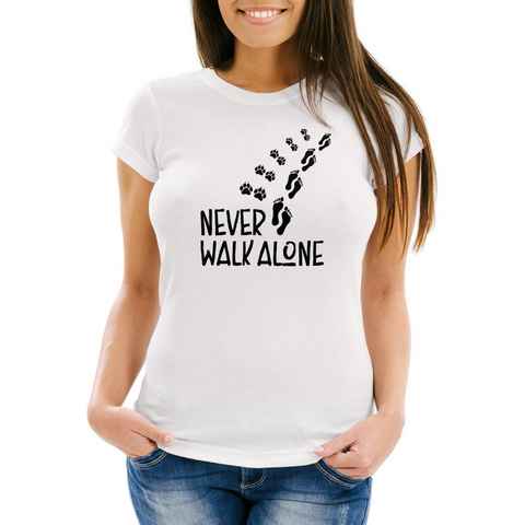 MoonWorks Print-Shirt Damen T-Shirt Never walk alone Hund Pfoten Hundepfoten Pfotenabdrücke Hundebesitzer Slim Fit Moonworks® mit Print