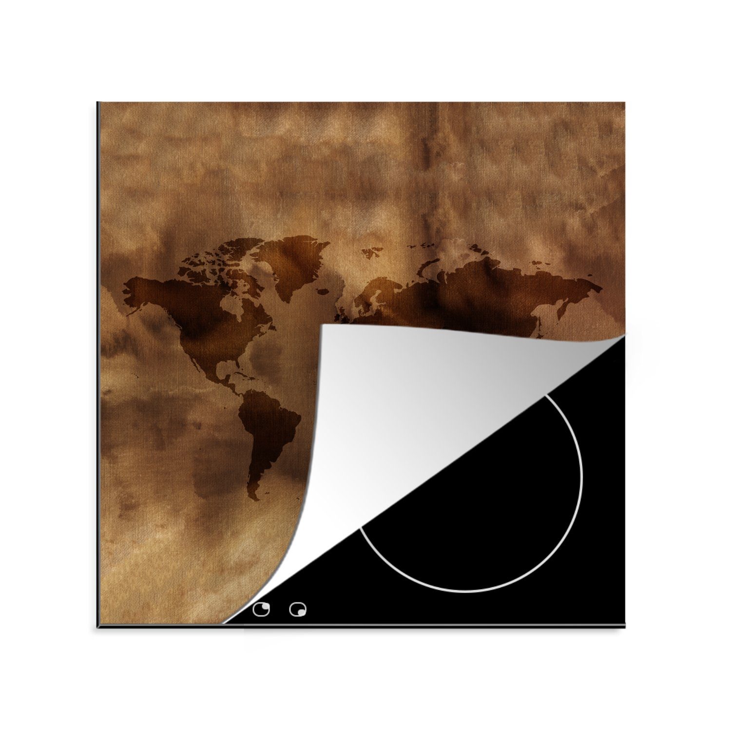 MuchoWow Herdblende-/Abdeckplatte Weltkarte - Retro - Braun, Vinyl, (1 tlg), 78x78 cm, Ceranfeldabdeckung, Arbeitsplatte für küche