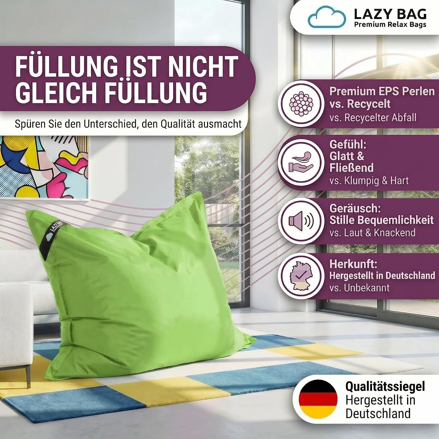 LazyBag Sitzsack Sitzsack XL 250 Liter Indoor Outdoor – Wasserfester Riesensitzsack (XL 250 Liter, Riesensitzsack), Junior-Sitzkissen Sessel