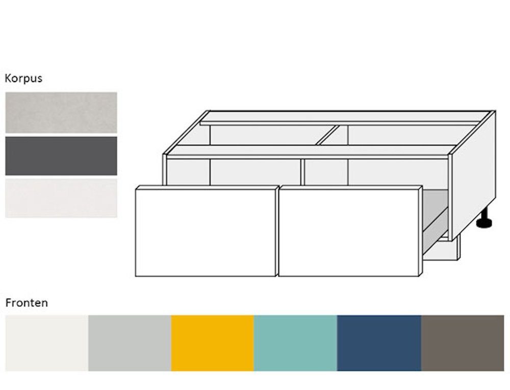 Feldmann-Wohnen Unterschrank Napoli (Hochglanz lackiert, 7039 Hochglanz 2 RAL Spanplatte MDF) qurazgrau pflegeleichter mit Schubladen Korpusfarbe wählbar Front- grifflos (Vollauszug) & Kunststoffoberfläche, 120cm