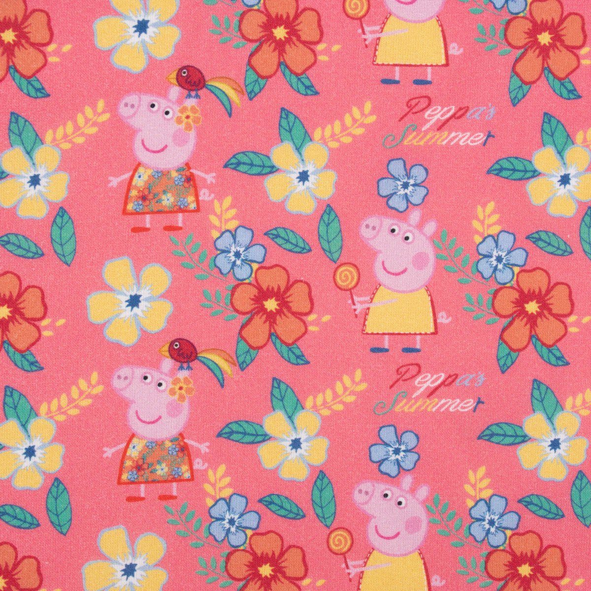 SCHÖNER LEBEN. Stoff Baumwollstoff Meterware Popeline Peppa Wutz Blumen rosa gelb grün, allergikergeeignet