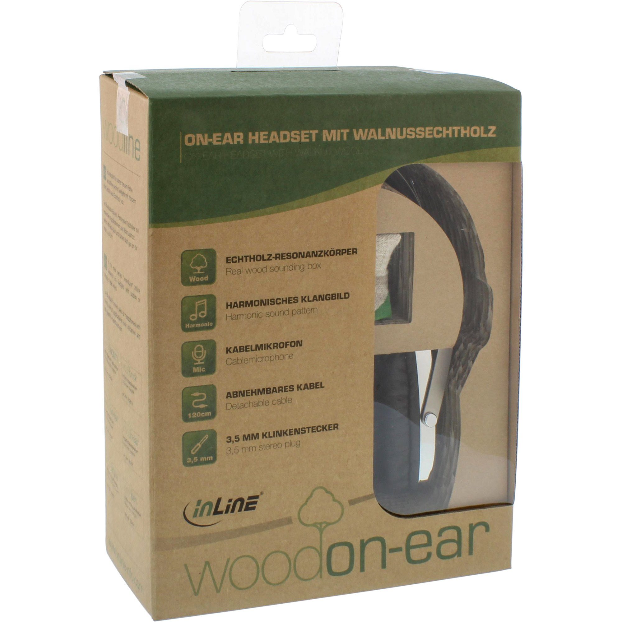 Inline On-Ear Headset mit On-Ear-Kopfhörer Kabelmikrofon Funktionstaste, Walnuß und