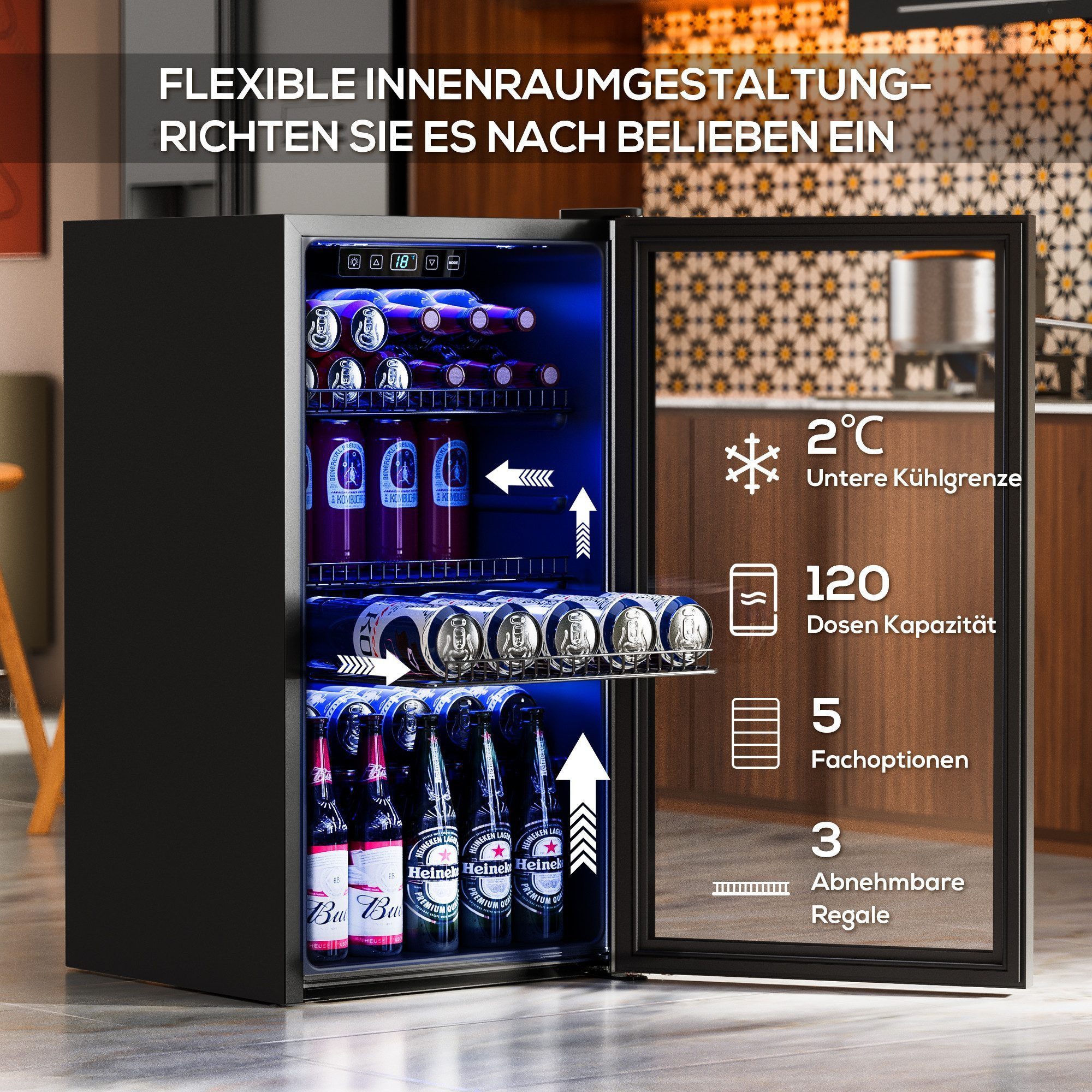 Furnicopia Getränkekühlschrank 90L,Doppelglas, LED,leiser Betrieb KVC-90A, Digitale LED-Touchscreen-Bedienung,höhenverstellbare Füße und Ablagen.