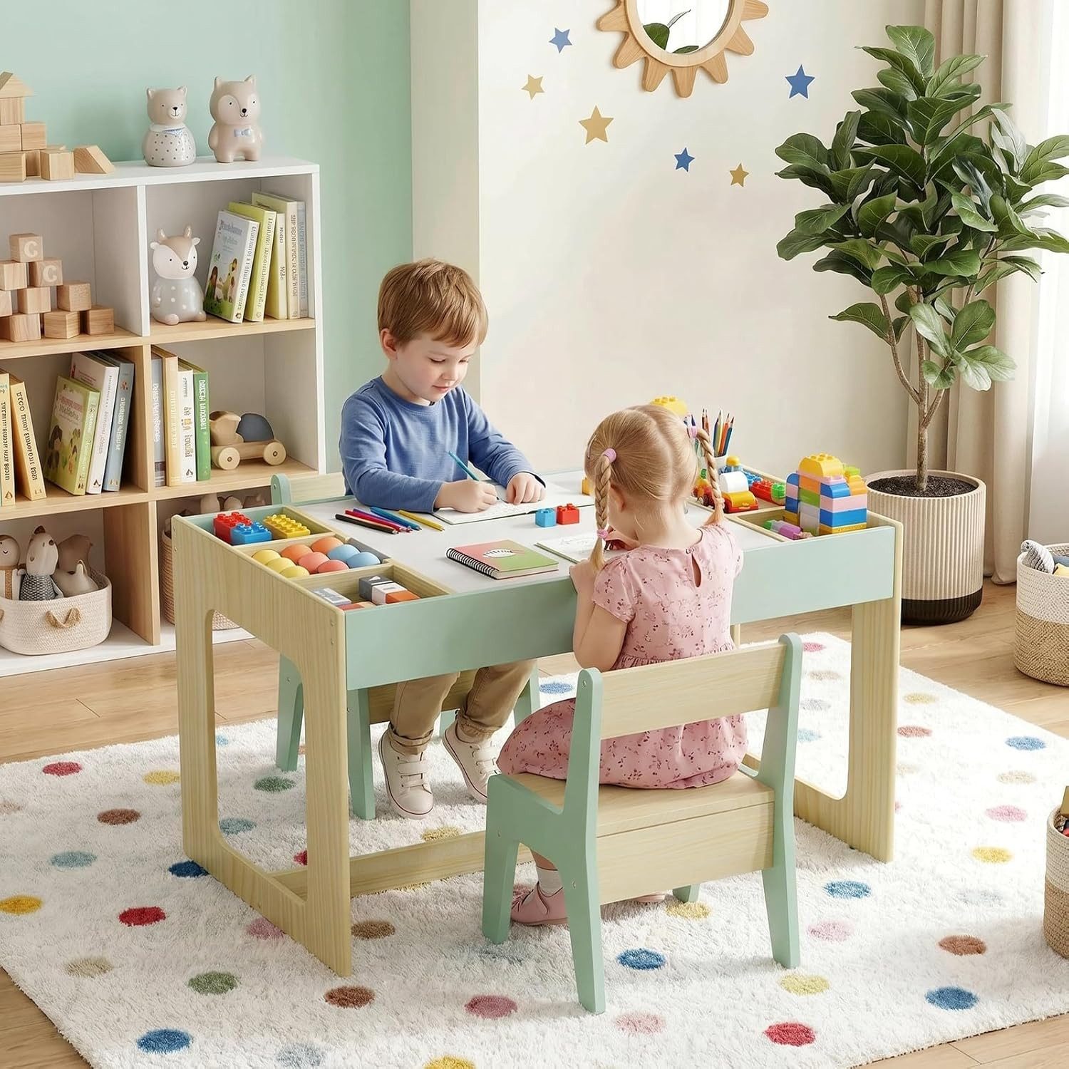 TLGREEN Kindertisch mit 2 Stühlen, Kindersitzgruppe (Kinder Tisch Stuhl Set mit wendbarer Tischplatte, 80 x 48 x 48 cm), Kinderschreibtisch für Schule, Kindertagesstätte, Kinderzimmer