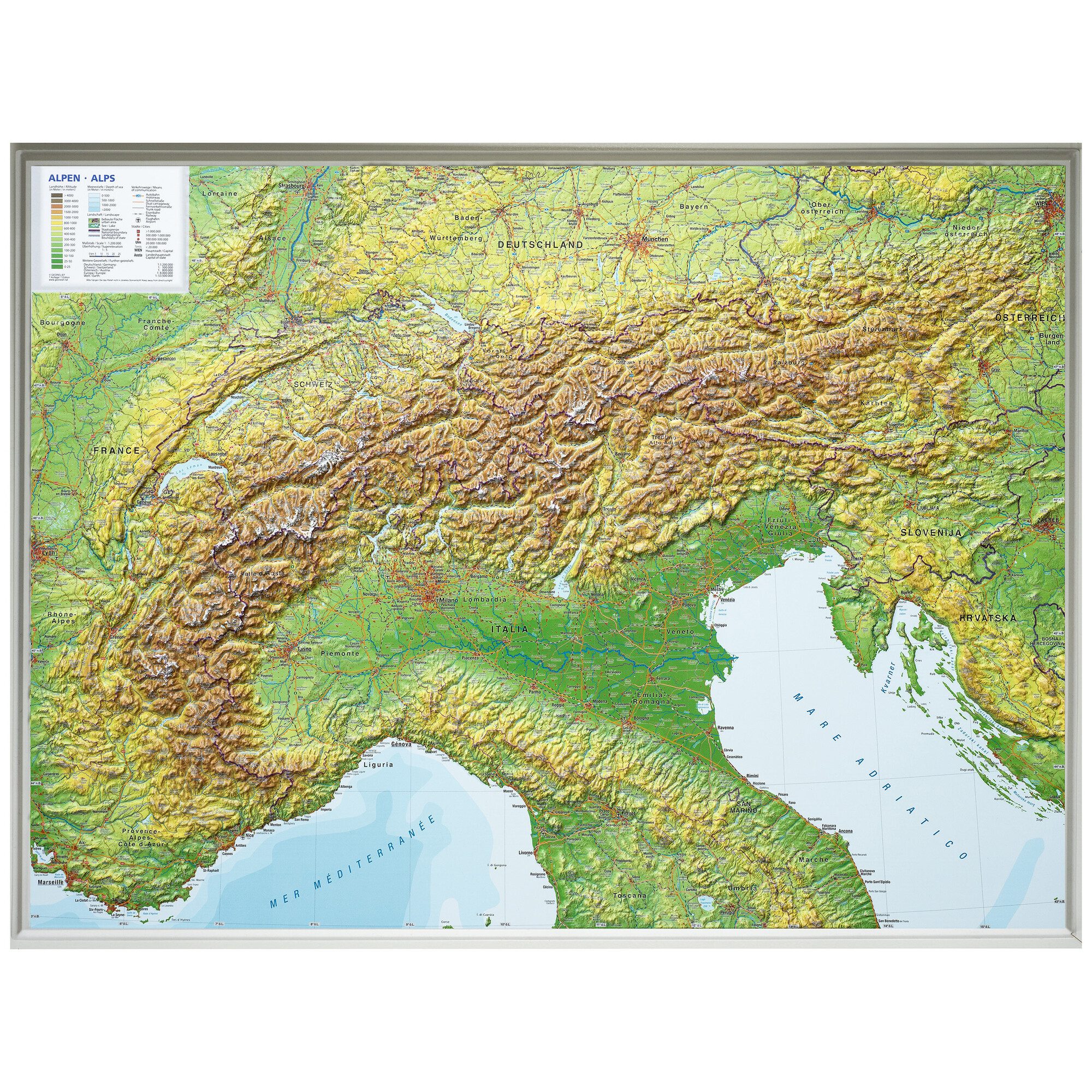 Georelief Globus Georelief Regional-Karte Alpenbogen (77x57) 3D Reliefkarte