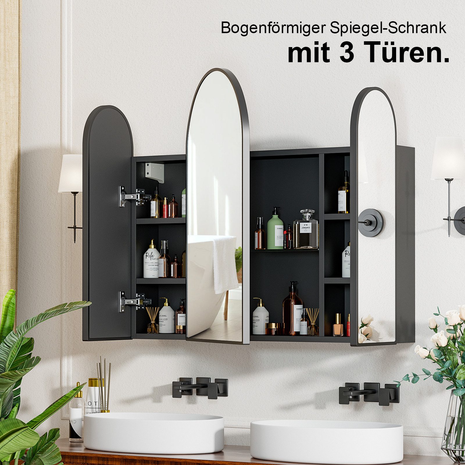 radelldar Badezimmerspiegelschrank Wandschrank mit Stauraum, HD-Spiegel Schrank (1-St) 3-türiger Bogen-Spiegelschrank, 80x70 cm