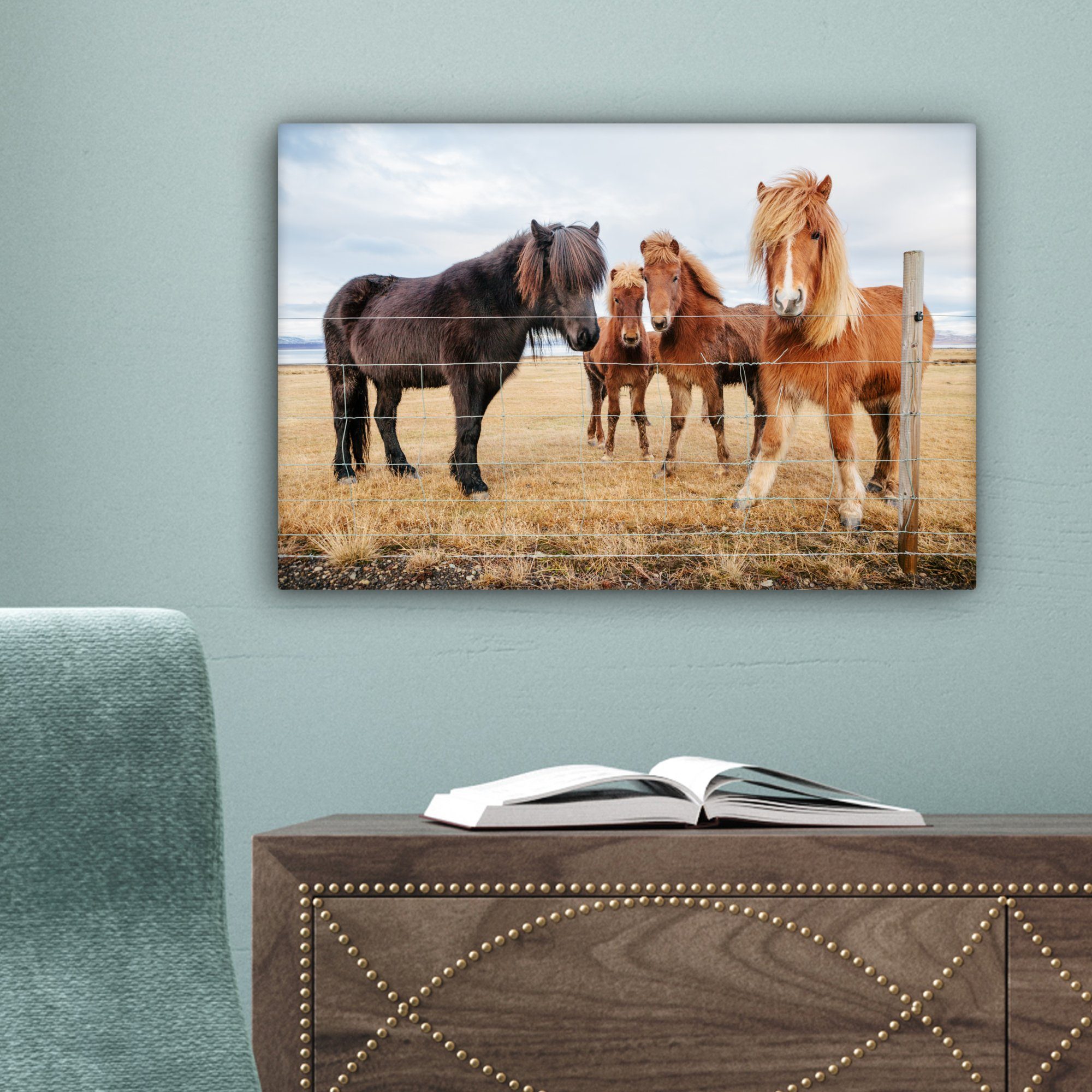 Isländische Zaun, Wandbild Leinwandbild 30x20 hinter Leinwandbilder, einem Aufhängefertig, Ponys cm OneMillionCanvasses® St), Wanddeko, (1