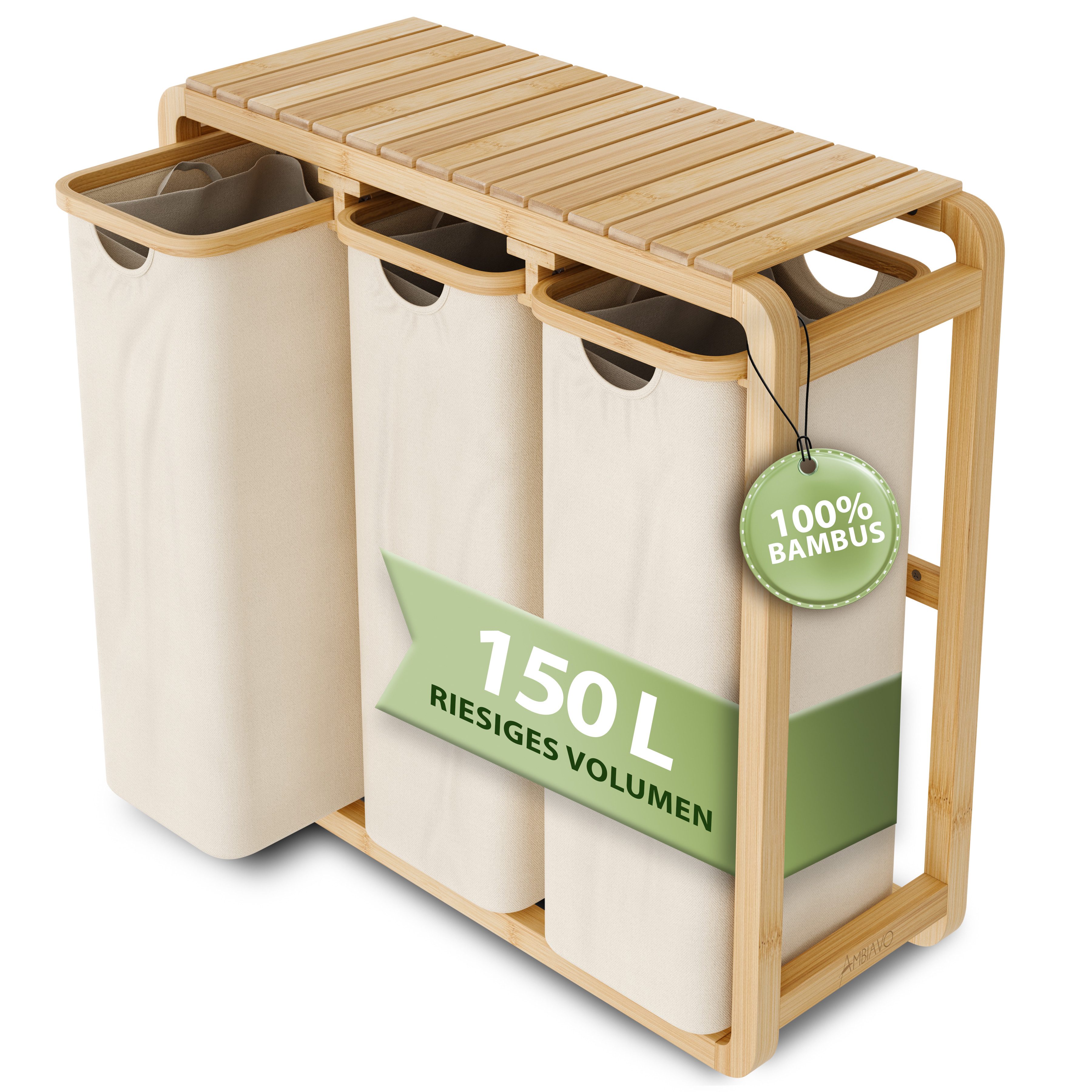 AMBIAVO Wäschekorb 3 Fächer mit waschbaren Baumwollsäcken, 150 L Volumen, s günstig online kaufen