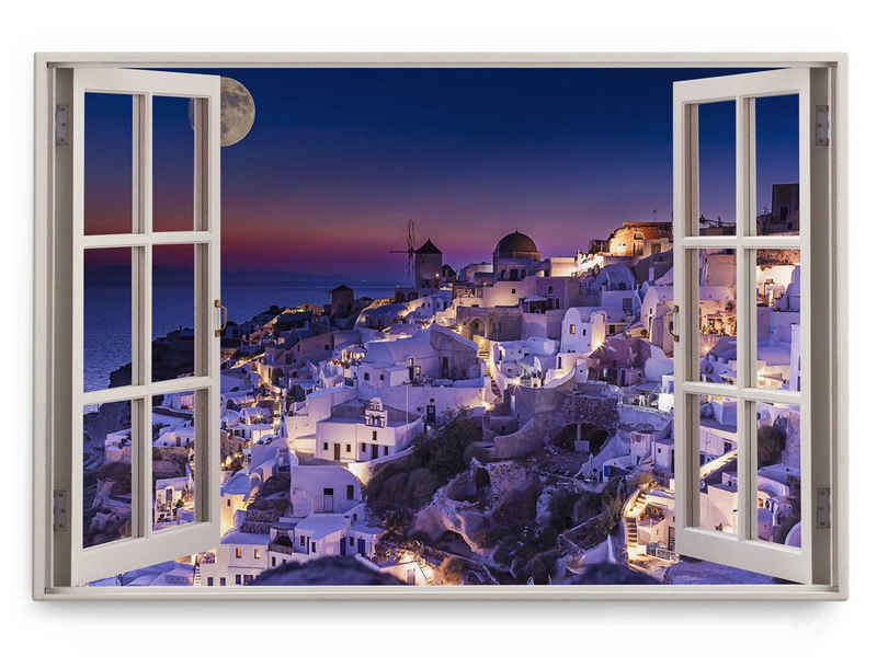 Sinus Art Leinwandbild Wandbild 120x80cm Fensterbild Griechenland Santorini Vollmond Nacht Me, (1 St)