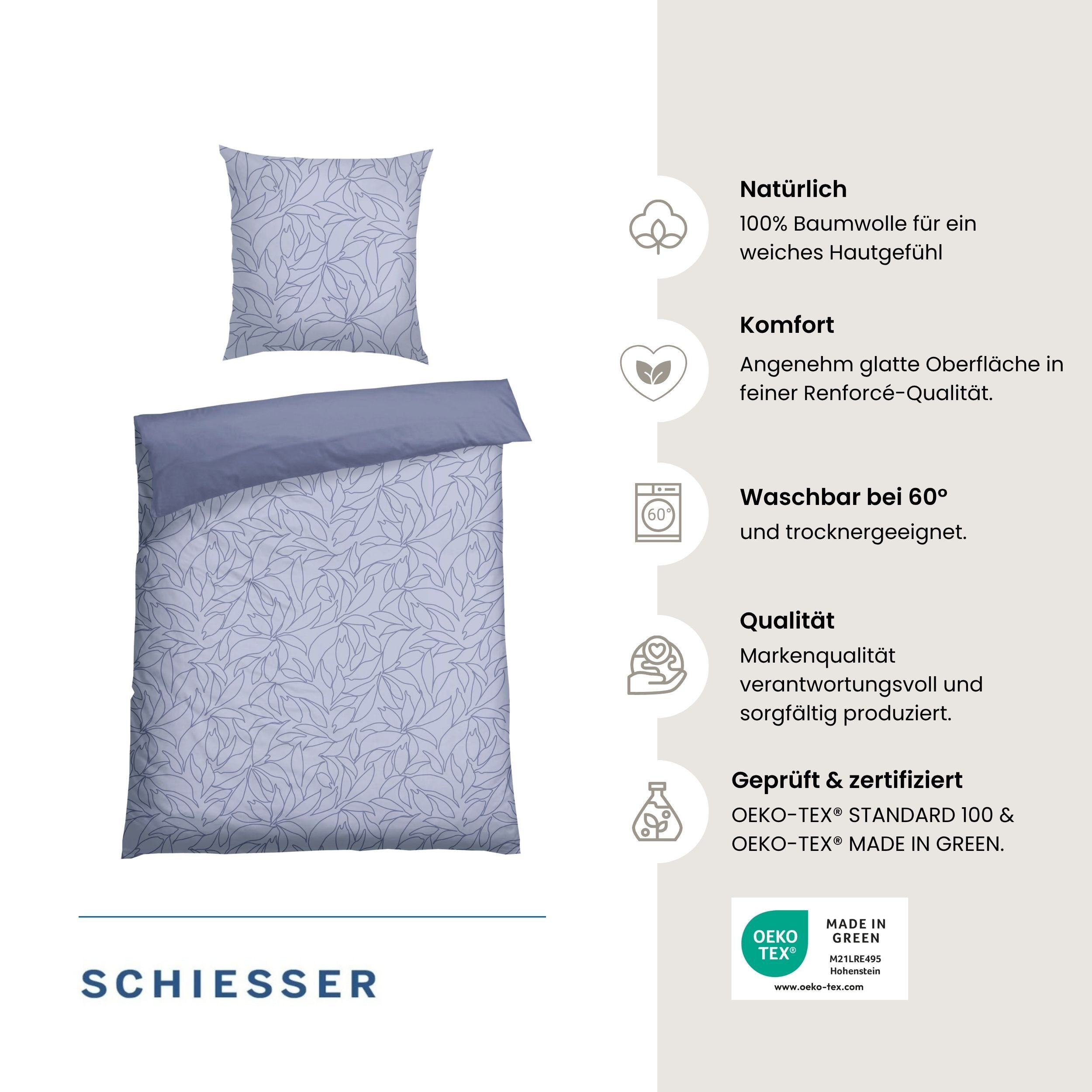 Schiesser Wendebettwäsche Leaves aus weicher Baumwolle mit schlichtem Botanikprint, Renforcé, 2 teilig, OEKO-TEX® MADE IN GREEN – Bild 2 von 5