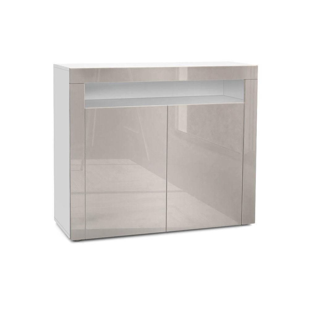 Vladon Kommode Valencia (Sideboard, mit 2 Türen und 1 offenem Fach), Weiß matt/Sandgrau Hochglanz/Sandgrau Hochglanz (108 x 92 x 40 cm)