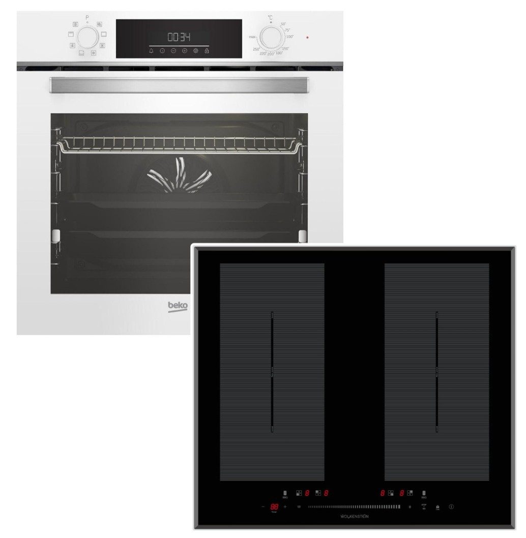 BEKO Backofen-Set Einbaubackofen Teleskopauszug weiß+Wolkenstein Induktionskochfeld Flex, mit 1-fach Teilauszug